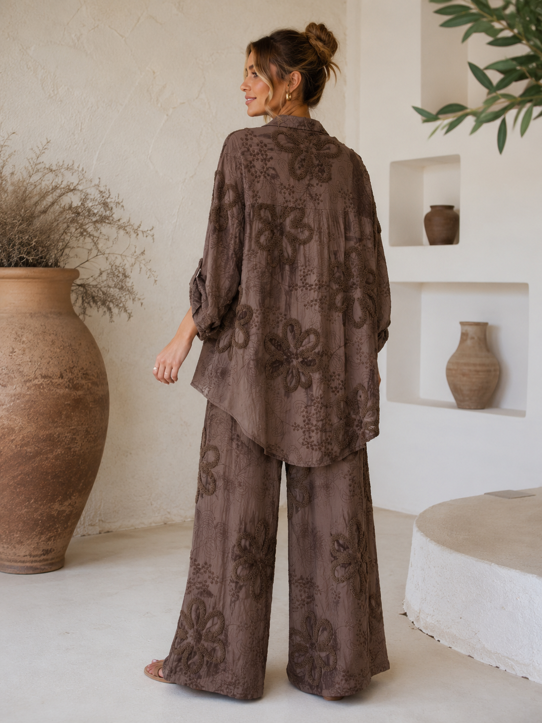 Kahve  Nakış İşlemeli vual kumaş  Gömlek Pantolon Takım – İthal Salaş Oversize Yazlık İkili Takım