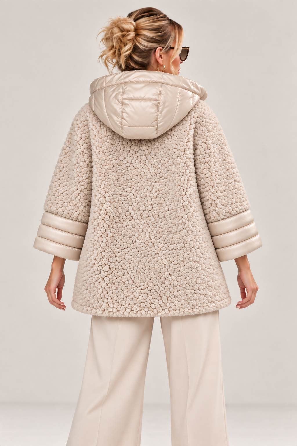 Kapüşonlu Peluş Teddy Ceket – Şişme Kol Detaylı bej
