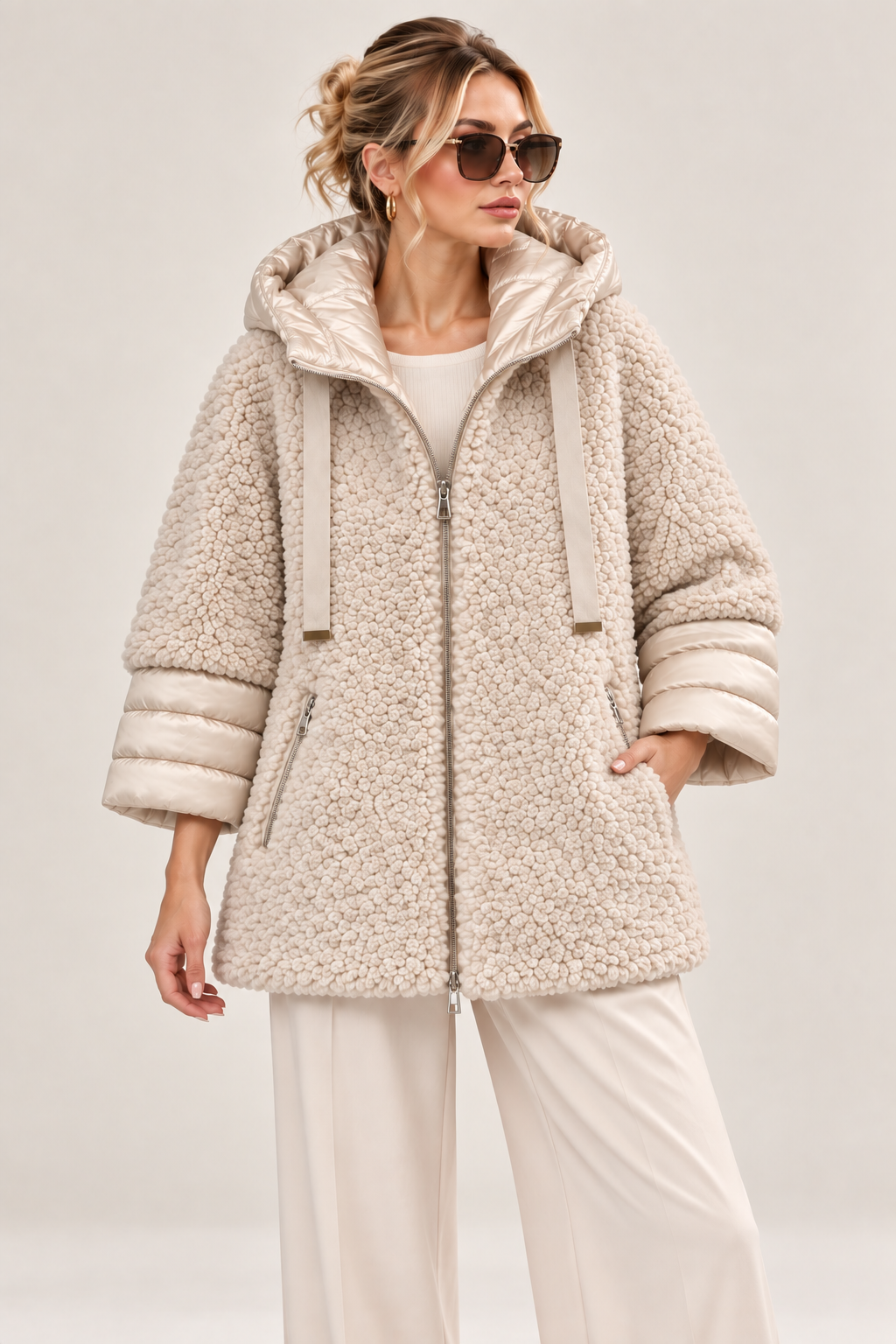 Kapüşonlu Peluş Teddy Ceket – Şişme Kol Detaylı bej