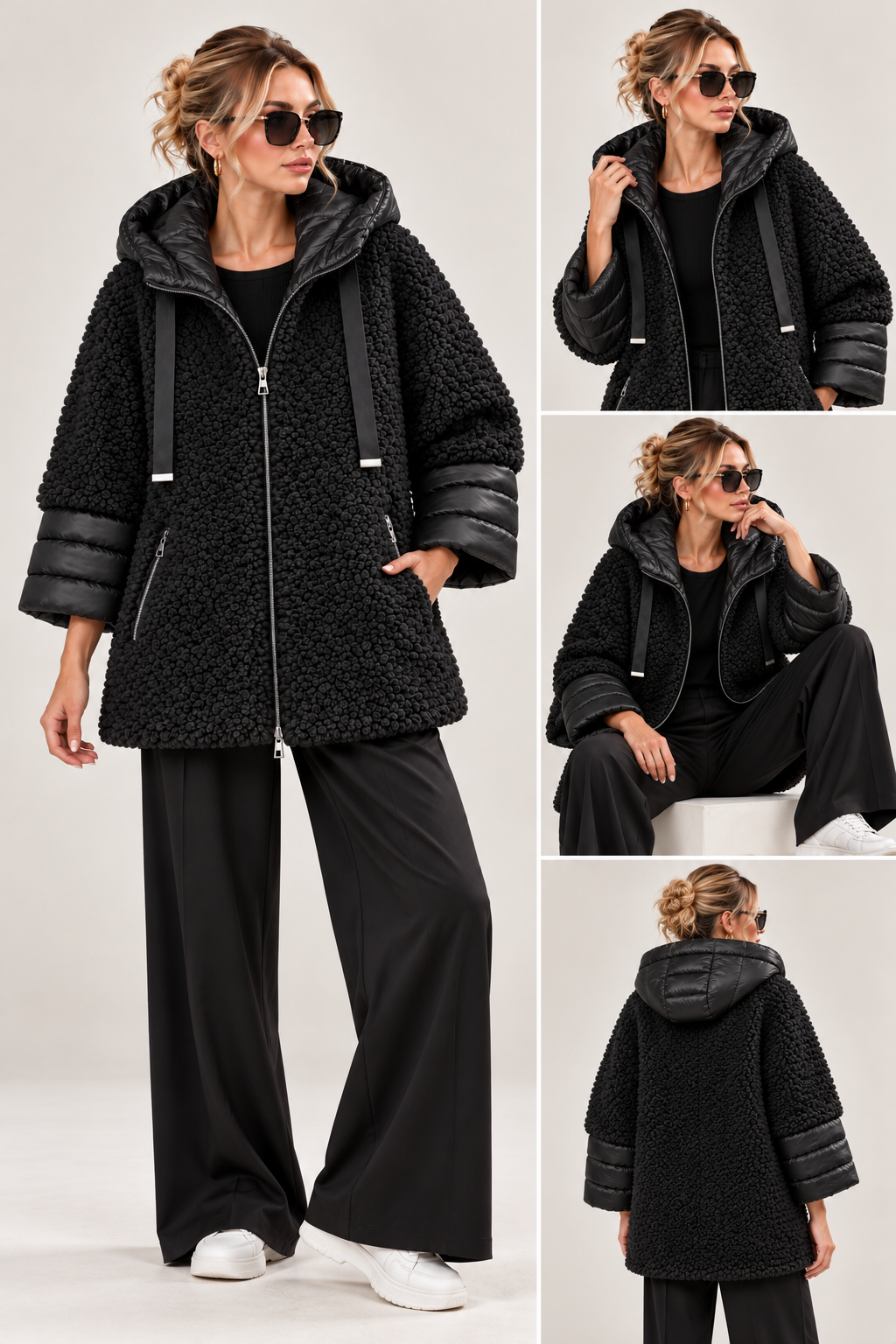 Kapüşonlu Peluş Teddy Ceket – Şişme Kol Detaylı SİYAH
