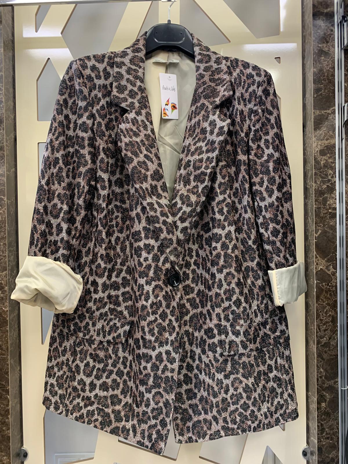 Leopar Desenli Gabardin Simli Kumaş Blazer Ceket 