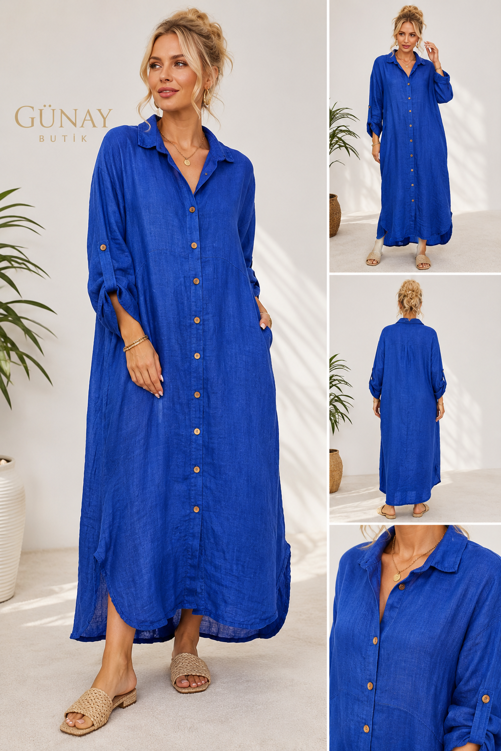 Saks Mavisi Keten Oversize Beden Gömlek Elbise 