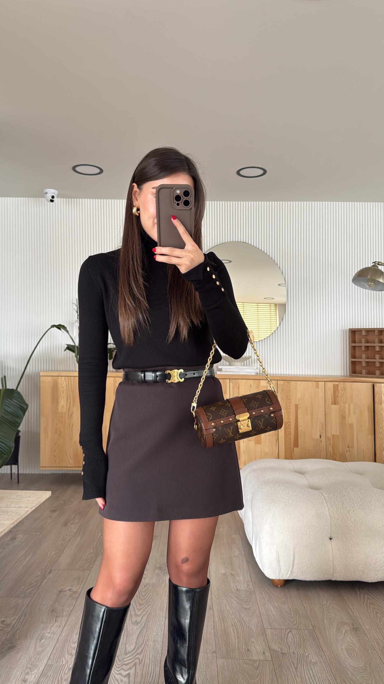 Acı Kahve Arka Fermuarlı Mini Etek