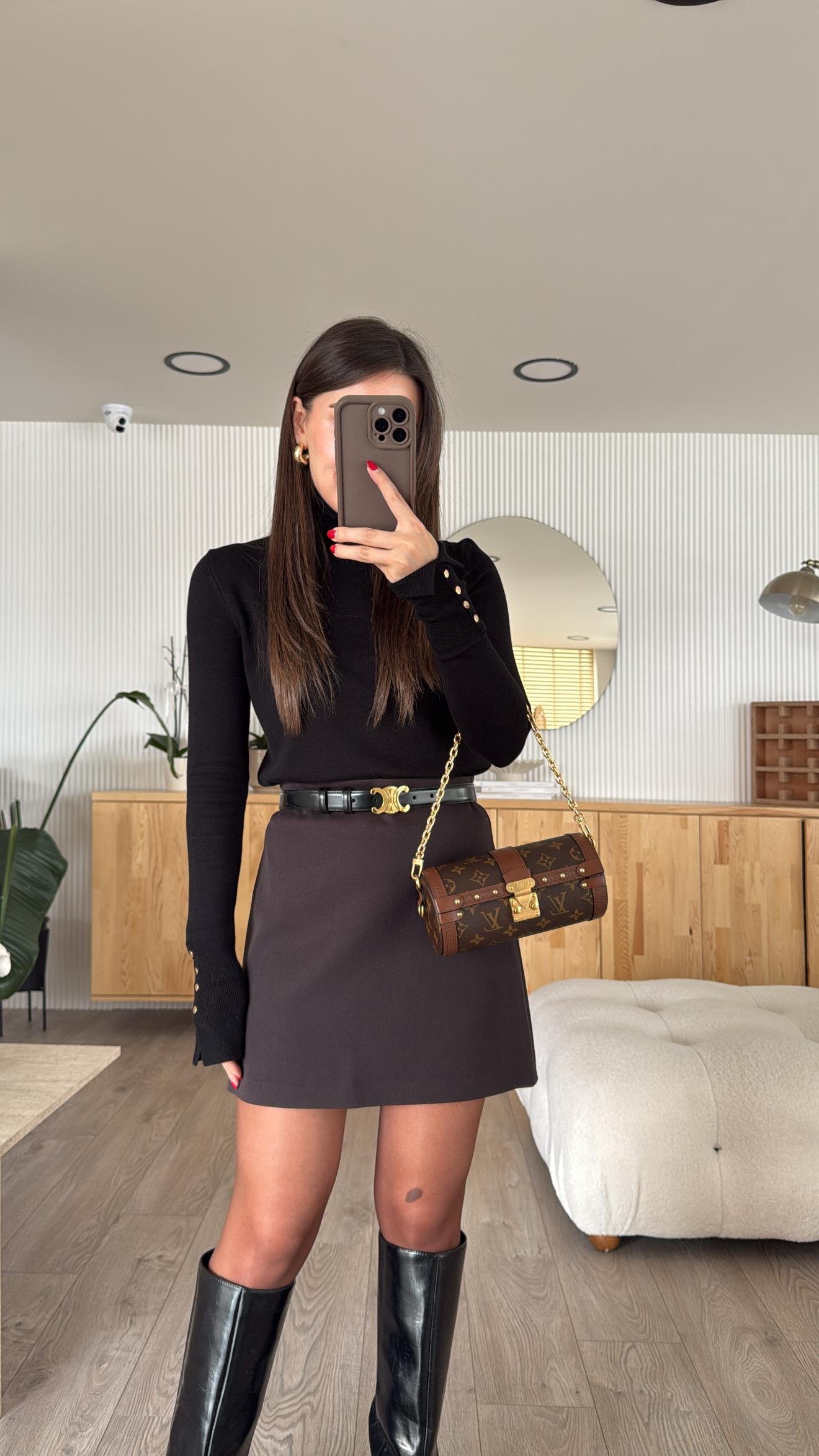 Acı Kahve Arka Fermuarlı Mini Etek