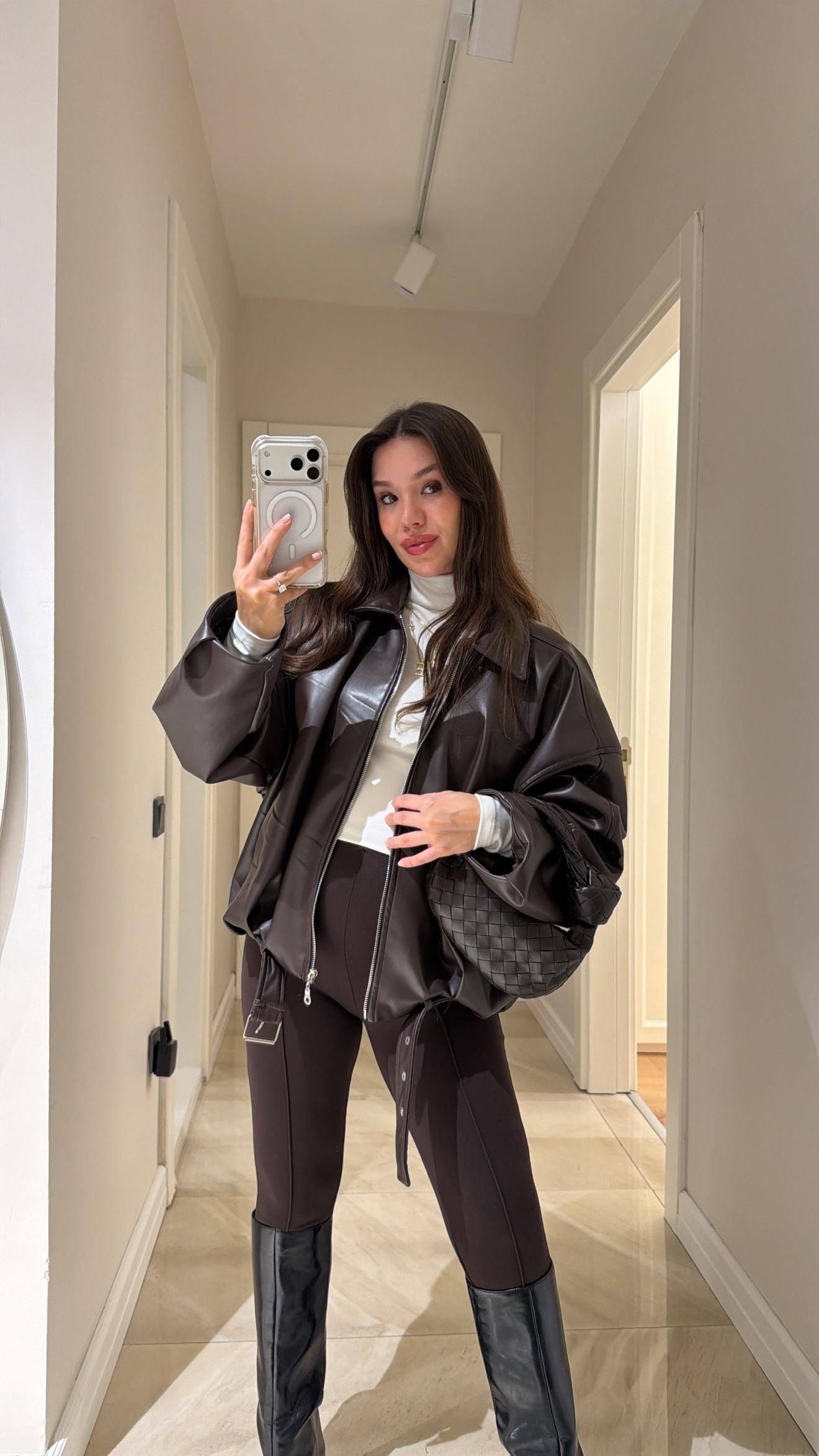 Acı Kahve Bel Kemerli Bomber Deri Ceket