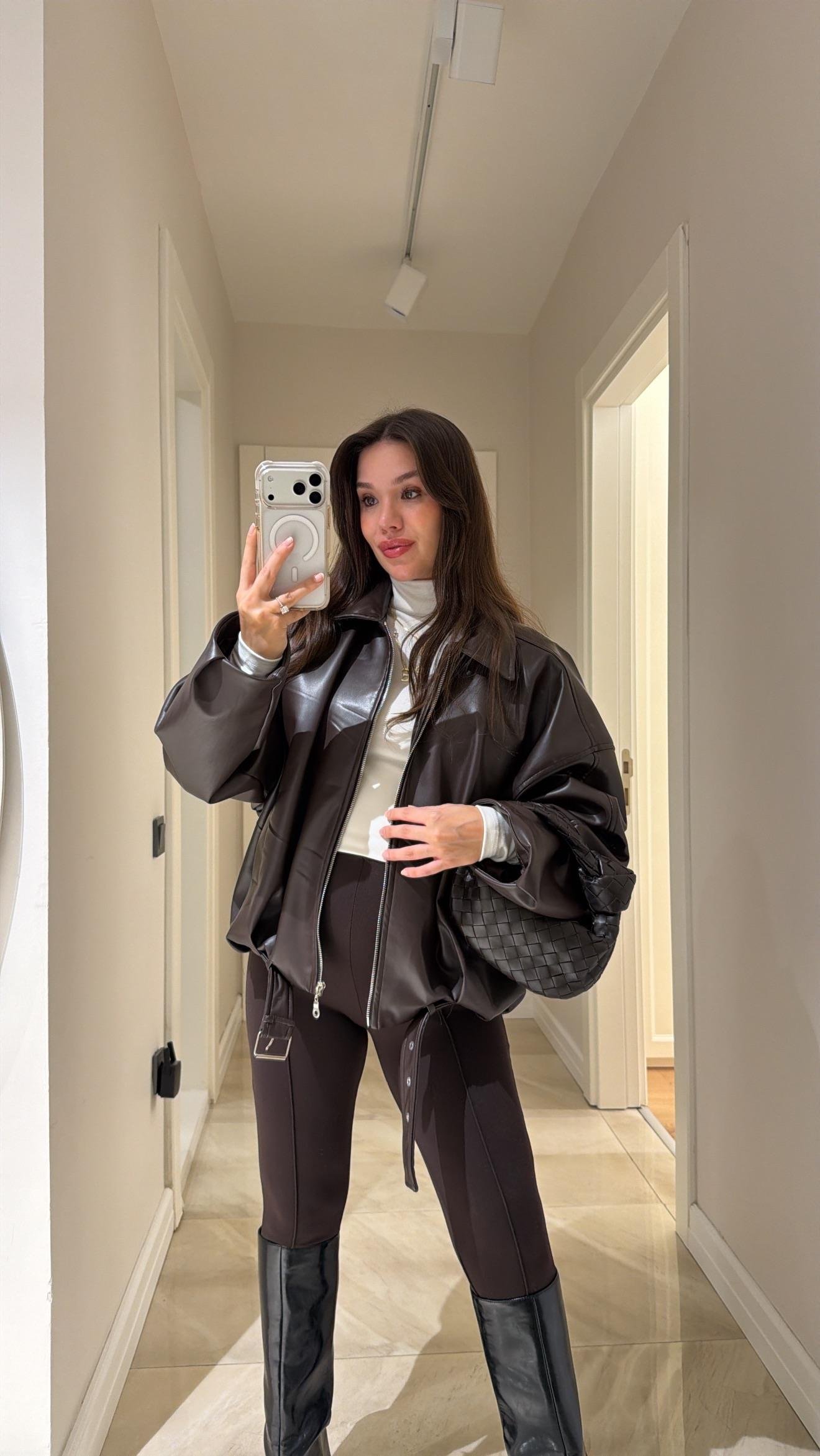 Acı Kahve Bel Kemerli Bomber Deri Ceket