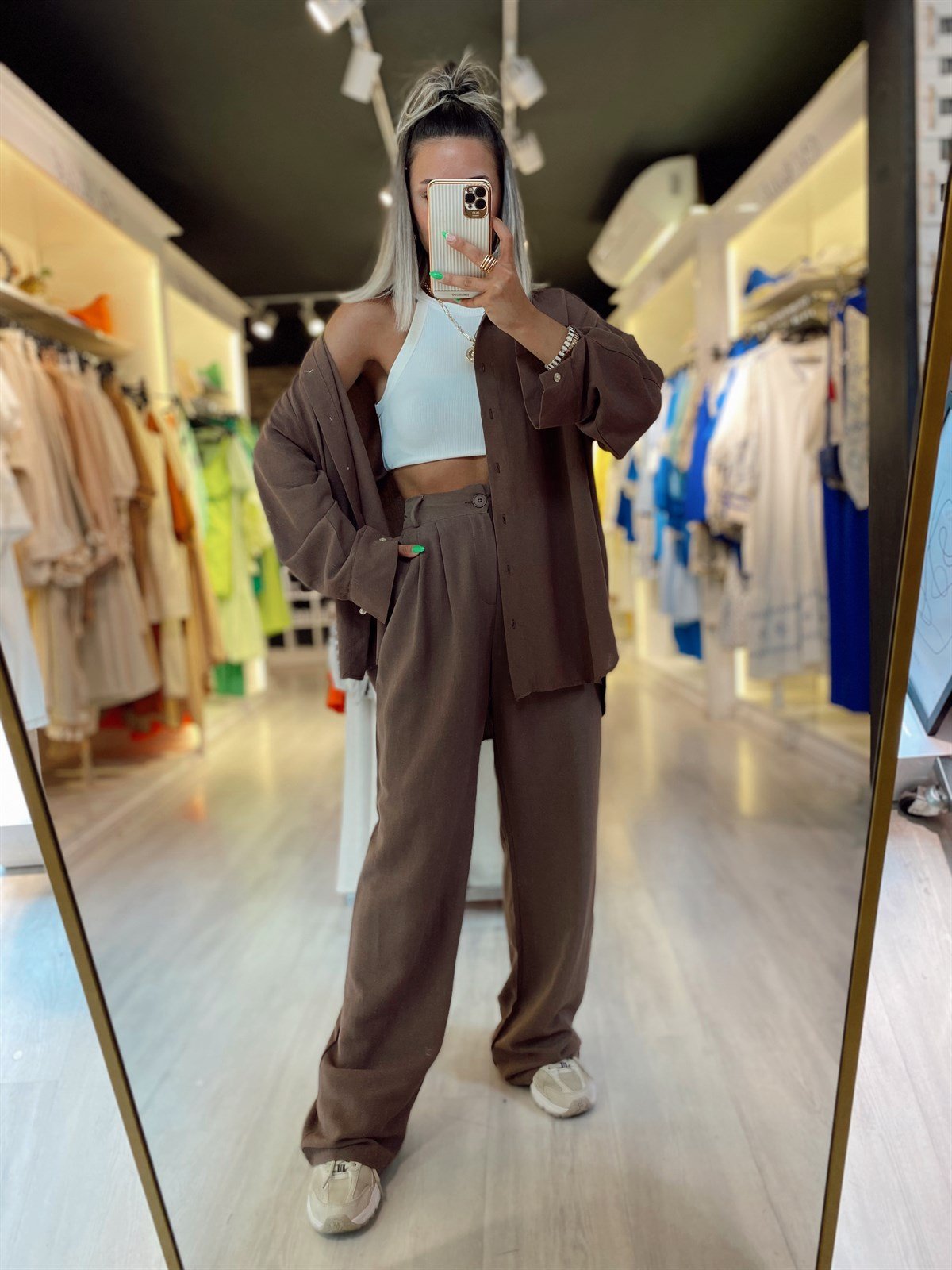 Acı Kahve Beli Düğmeli Bol Paça Keten Pantolon