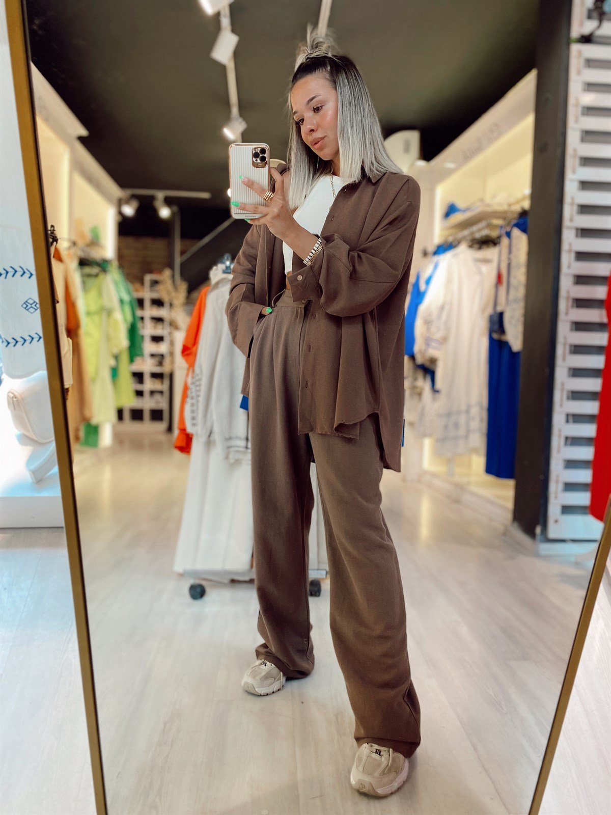 Acı Kahve Beli Düğmeli Bol Paça Keten Pantolon