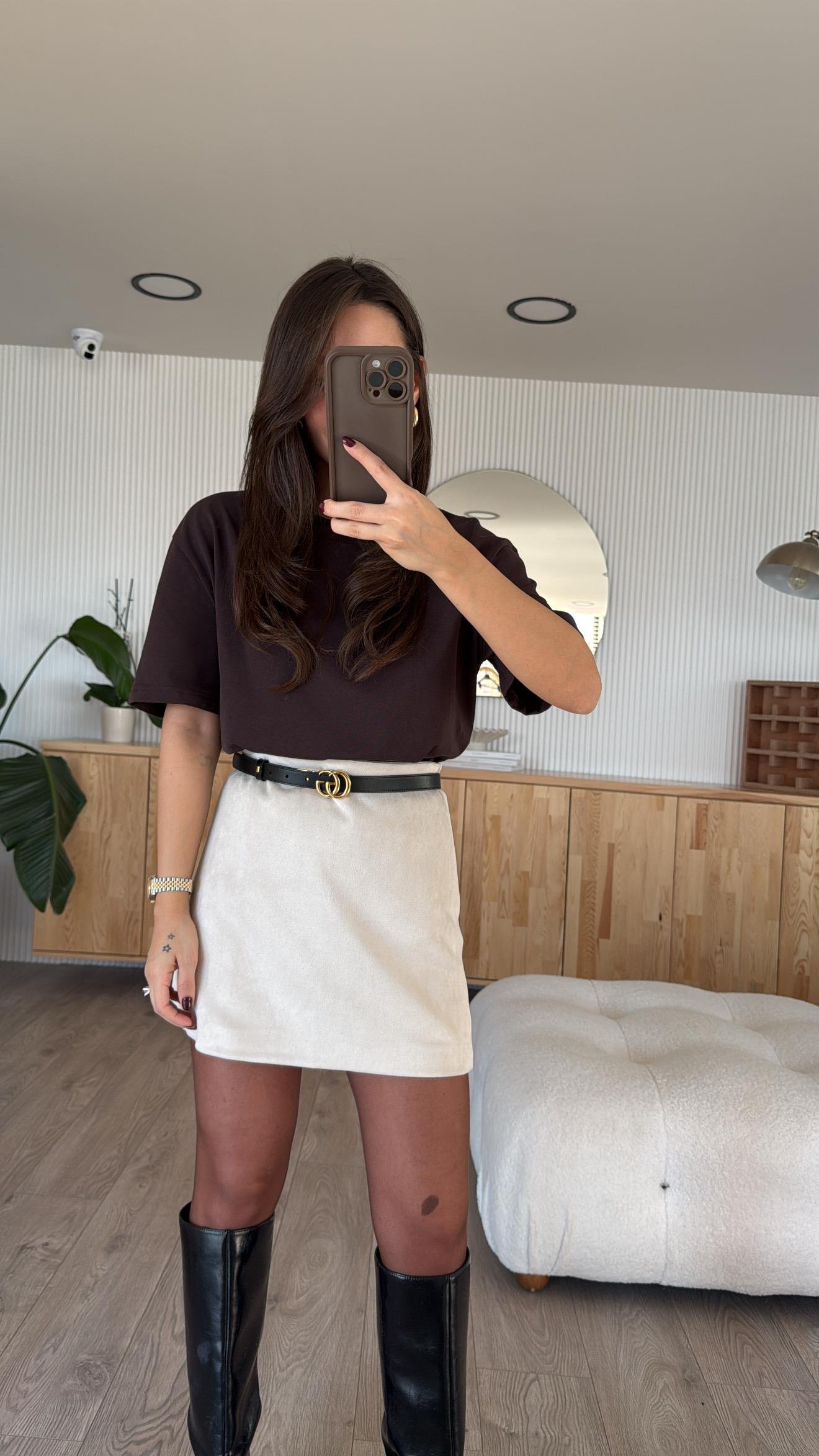 Acı Kahve Dekoratif Dikişli Bisiklet Yaka Dilvin Tshirt