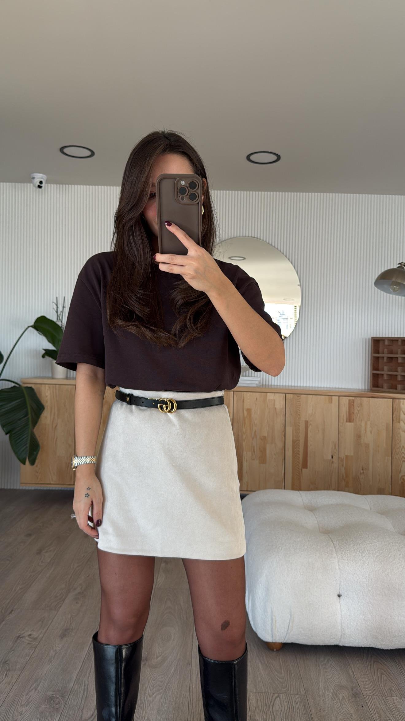 Acı Kahve Dekoratif Dikişli Bisiklet Yaka Dilvin Tshirt