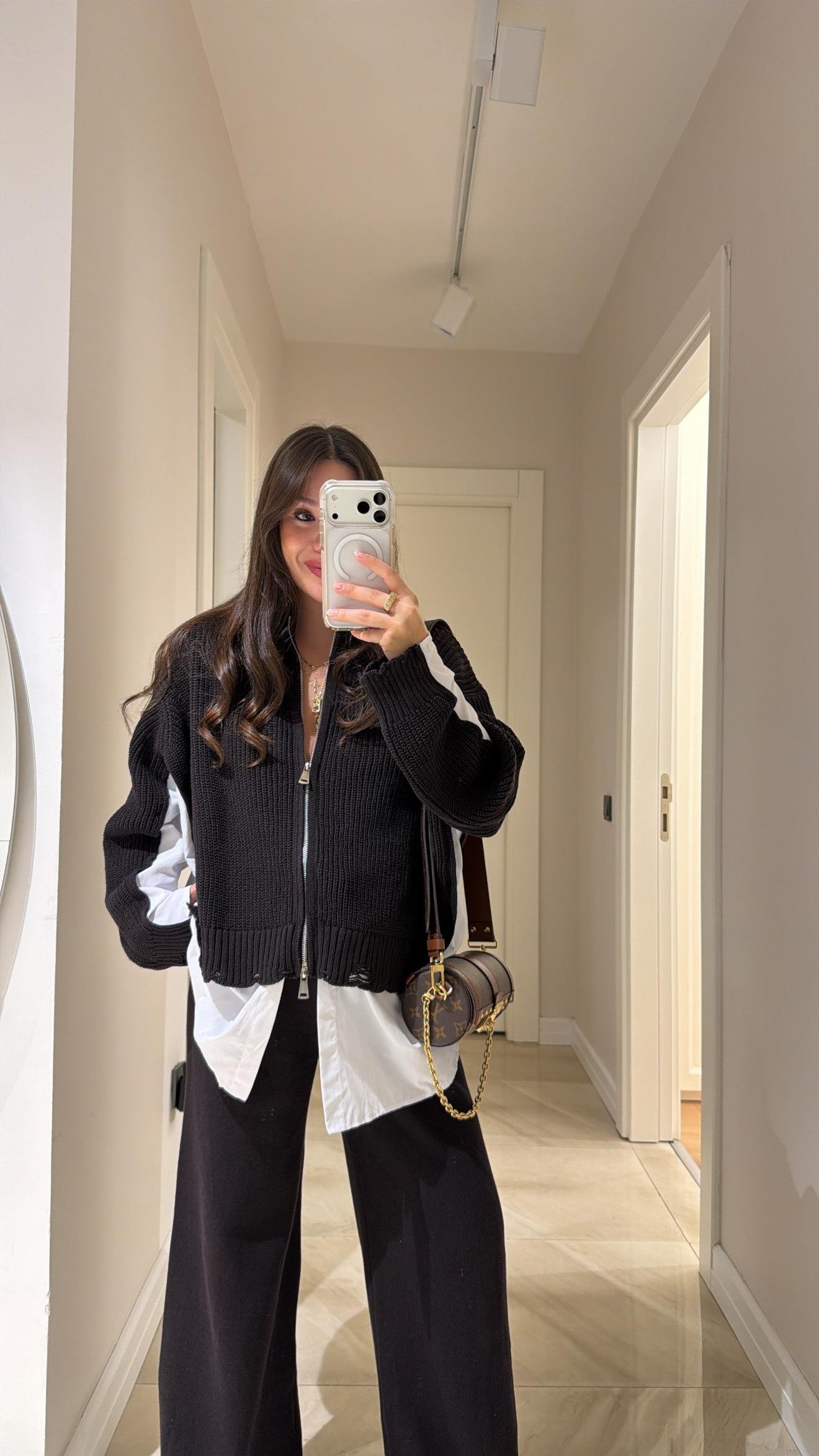 Acı Kahve Gömlek Detaylı Triko Pantolon Takım 