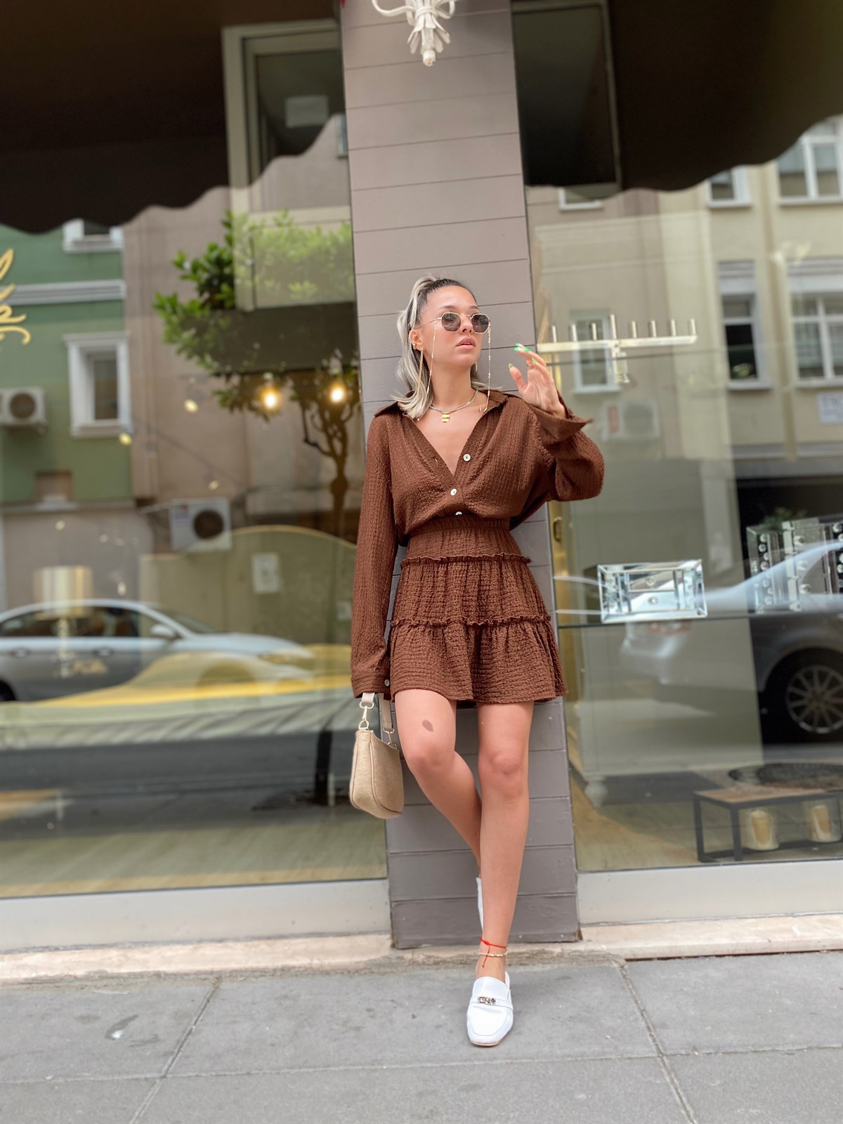 Acı Kahve Katlı Gofreli Etek