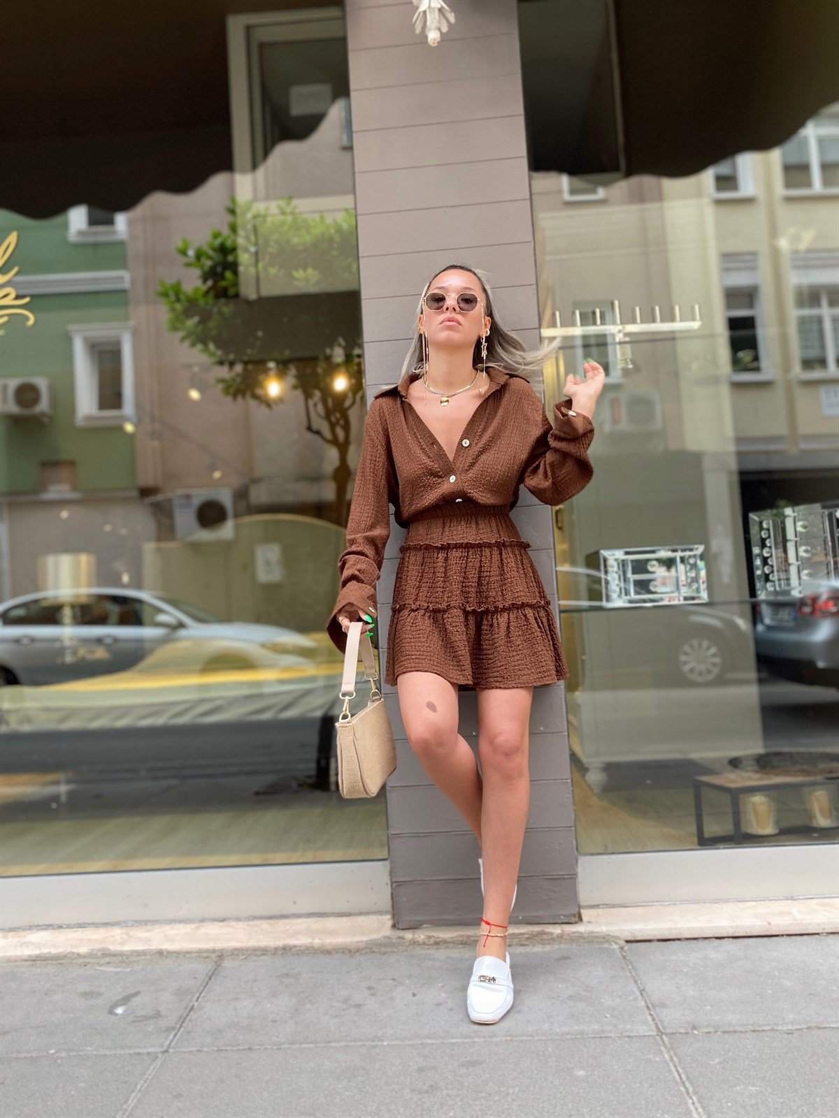 Acı Kahve Katlı Gofreli Etek