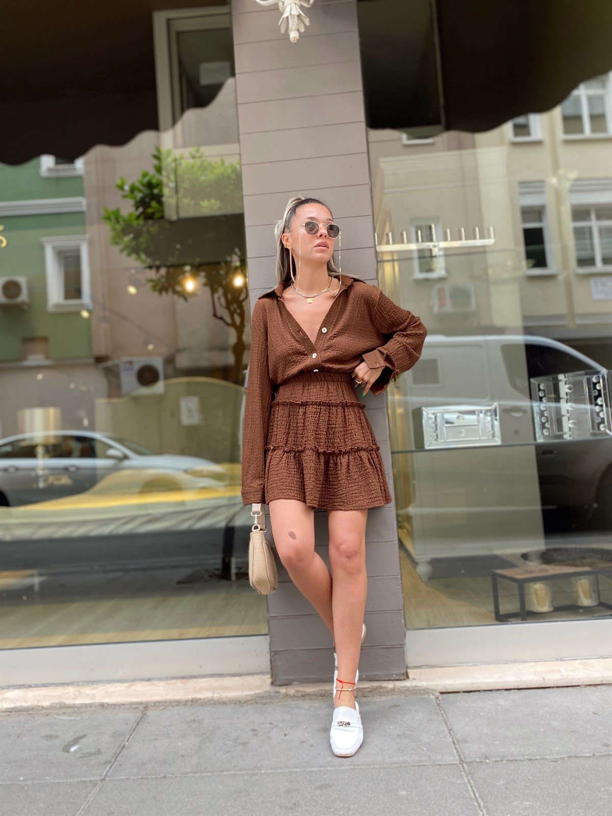 Acı Kahve Katlı Gofreli Etek