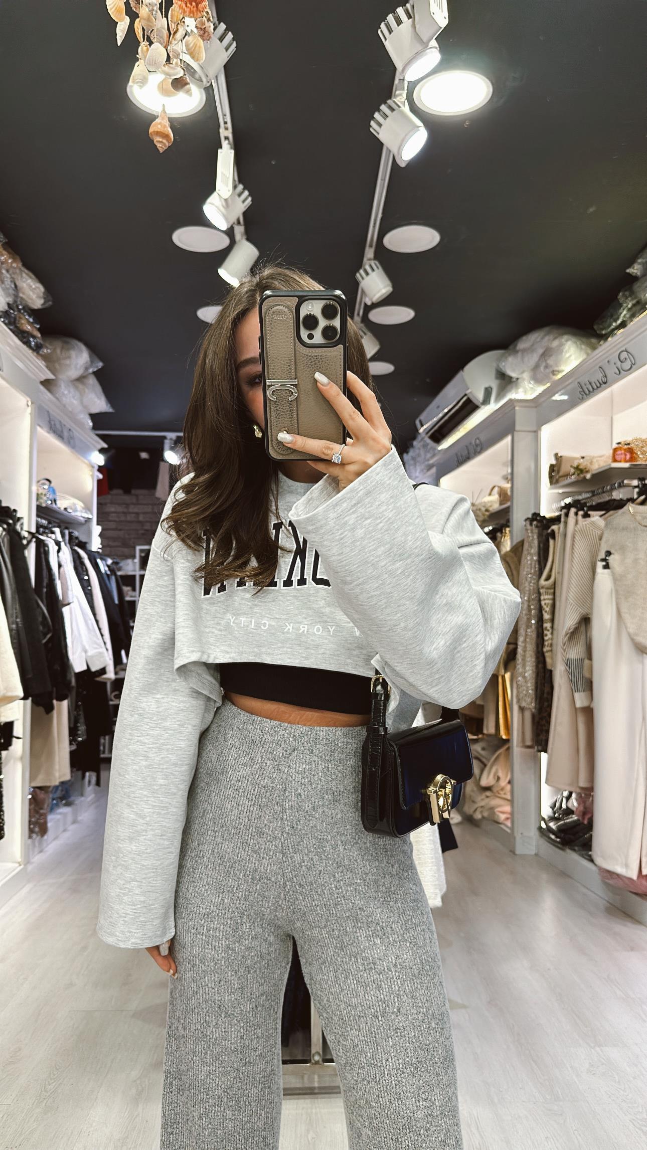 Açık Gri Atletli Crop Sweat