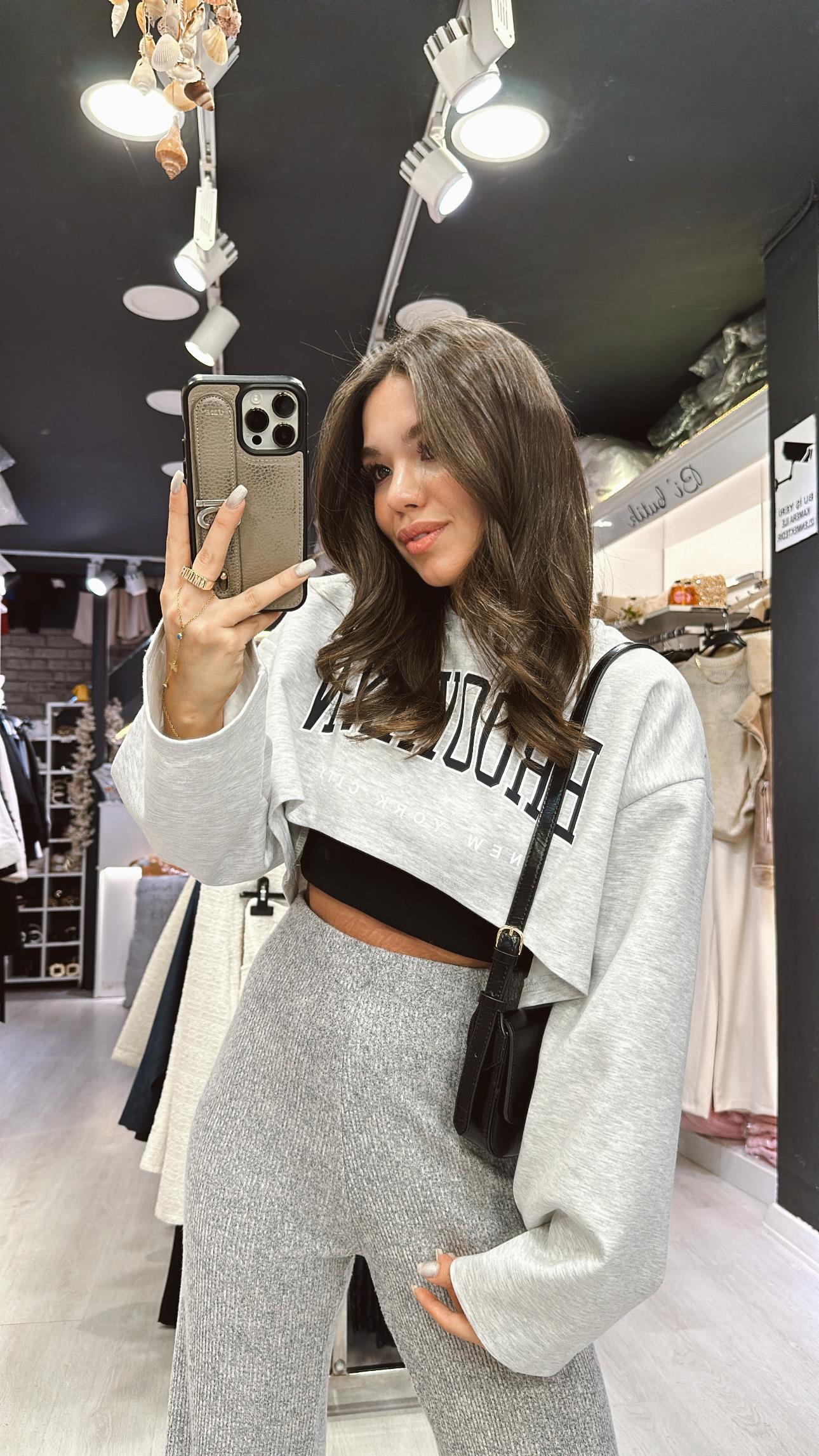 Açık Gri Atletli Crop Sweat