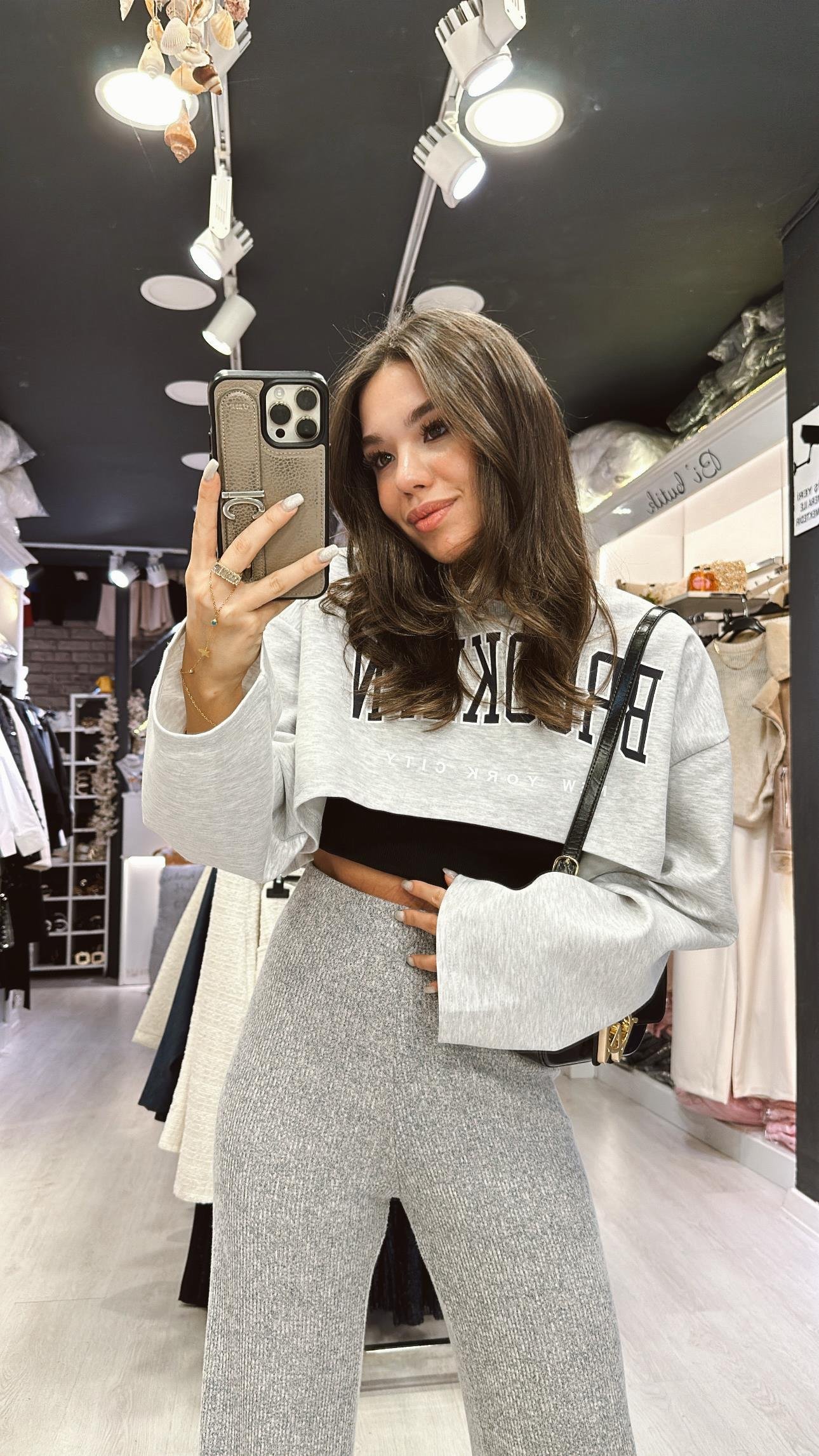 Açık Gri Atletli Crop Sweat