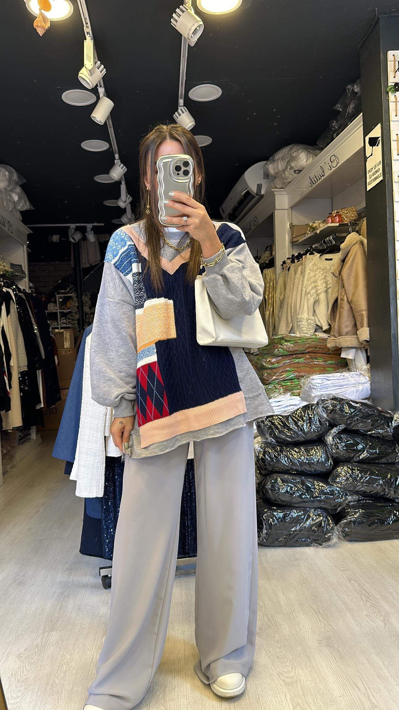 Açık Gri Beli Lastikli Saten Bol Pantolon