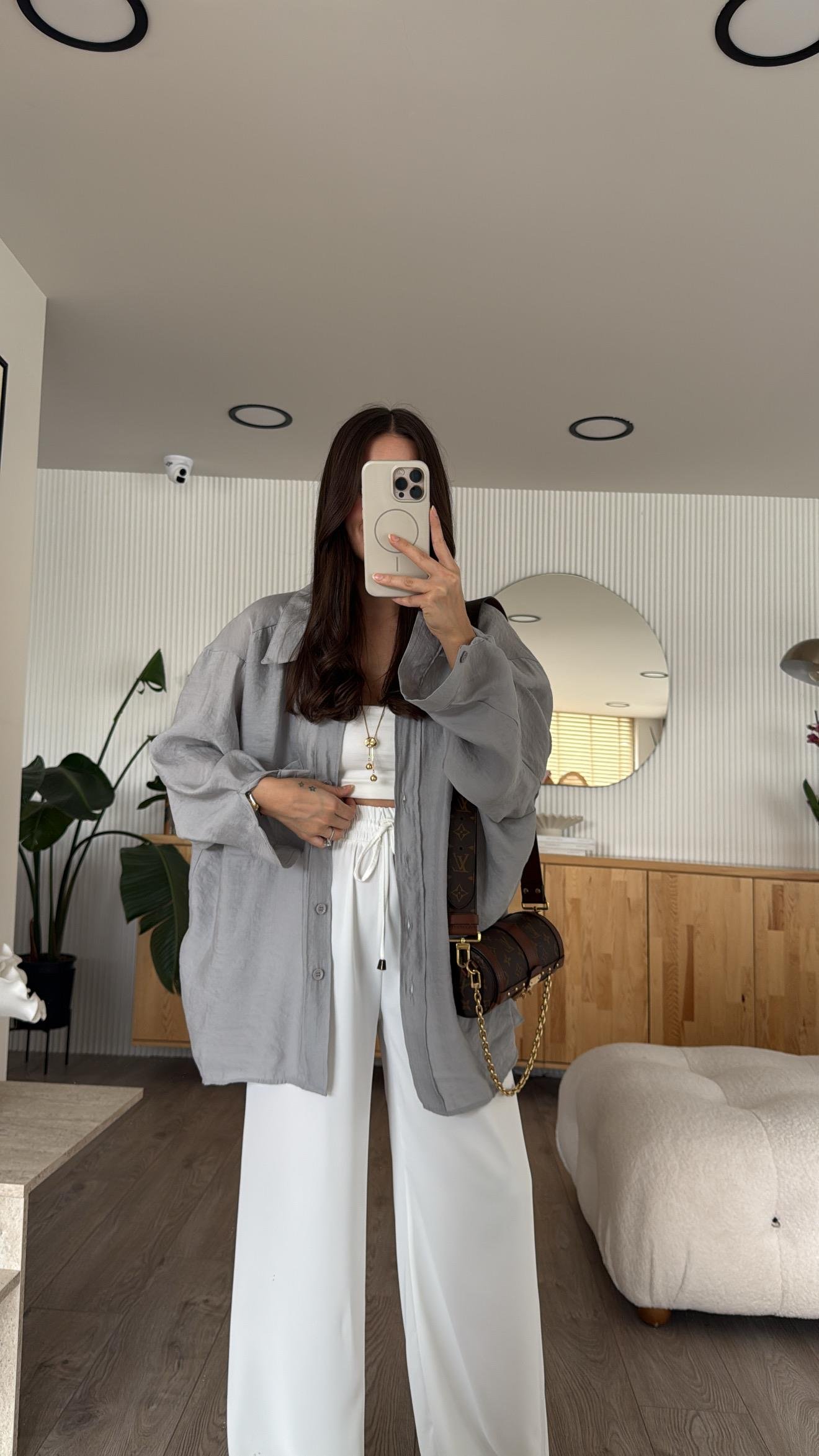 Gri Tensel Kumaş Düşük Omuzlu Oversize Gömlek