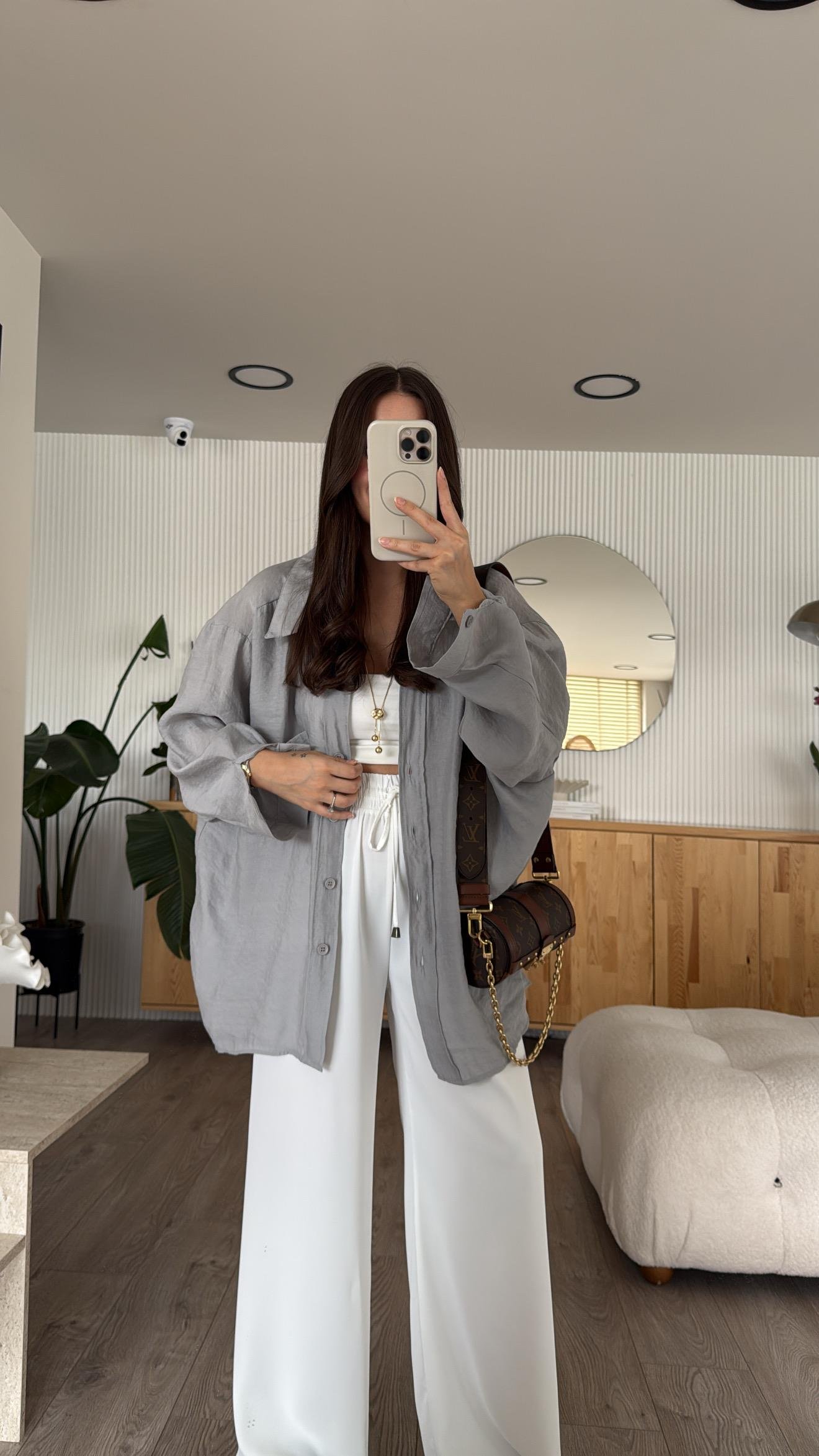 Gri Tensel Kumaş Düşük Omuzlu Oversize Gömlek