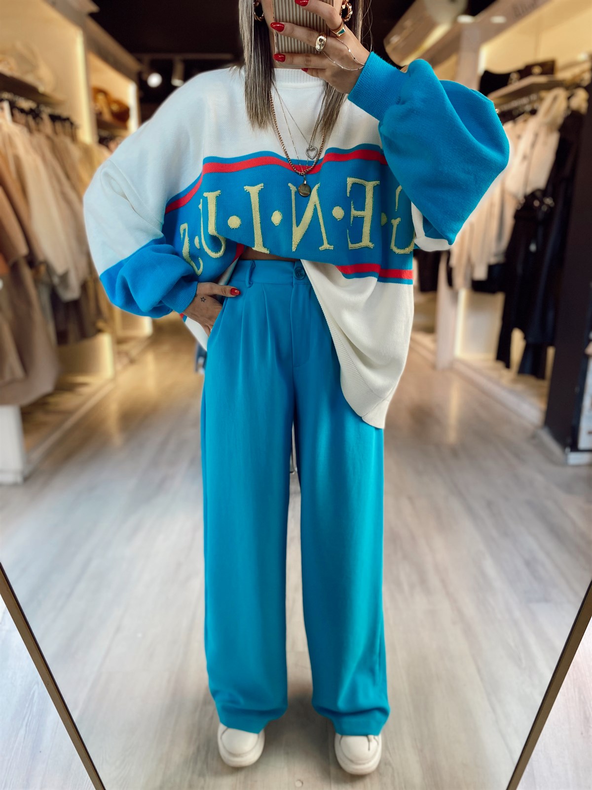 Açık Mavi Beli Lastikli Krep Kumaş Palazzo Pantolon