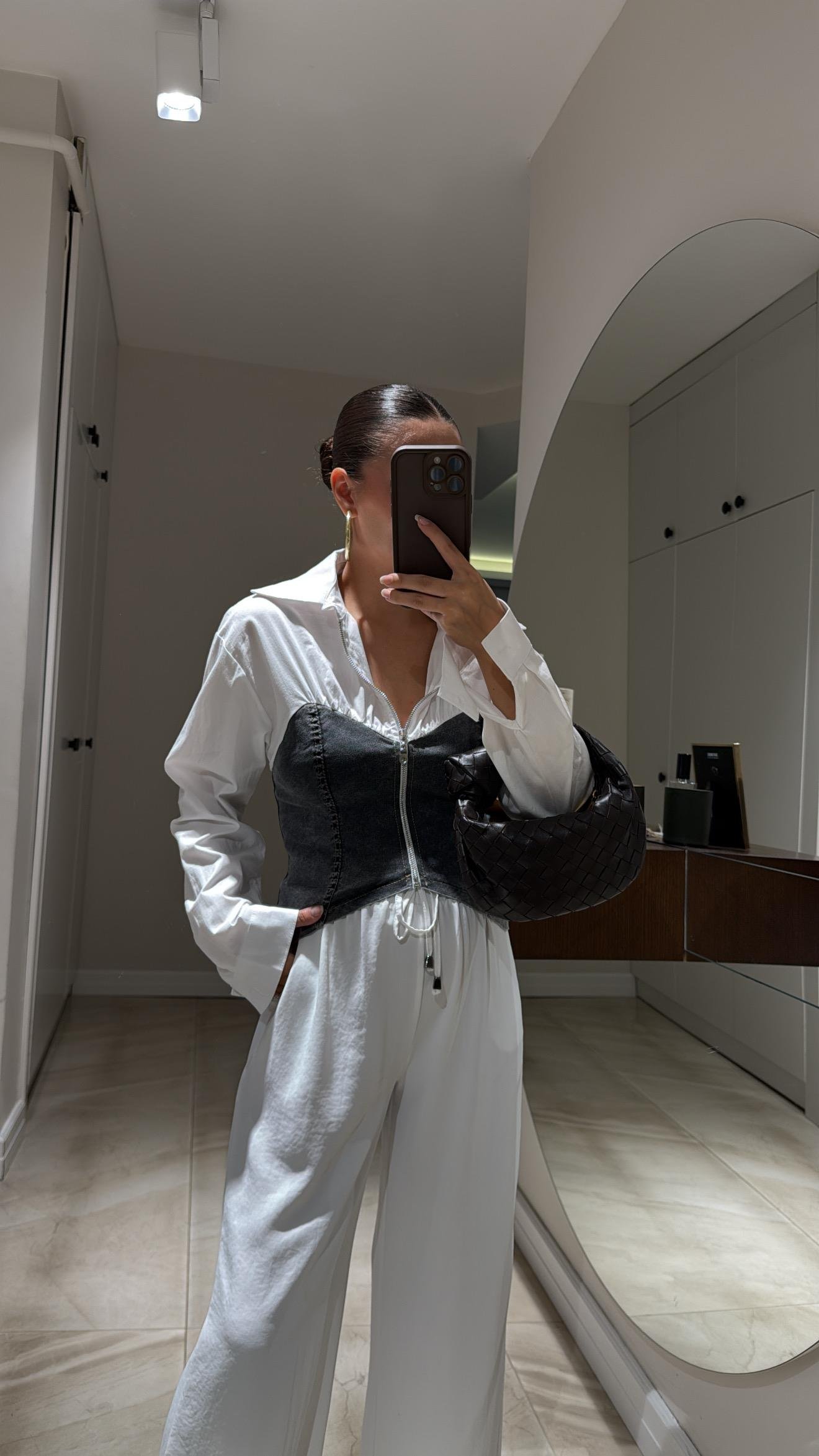 Antasit Ön Fermuarlı Gömlek Detaylı Jean Bluz