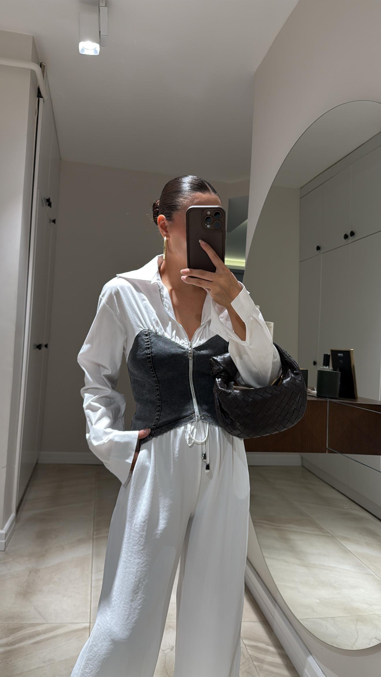 Antasit Ön Fermuarlı Gömlek Detaylı Jean Bluz