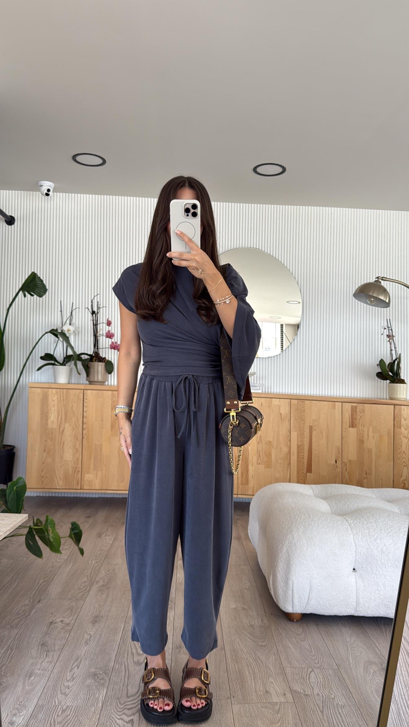 Antrasit Asimetrik Drapeli Şalvar Pantolon Takım