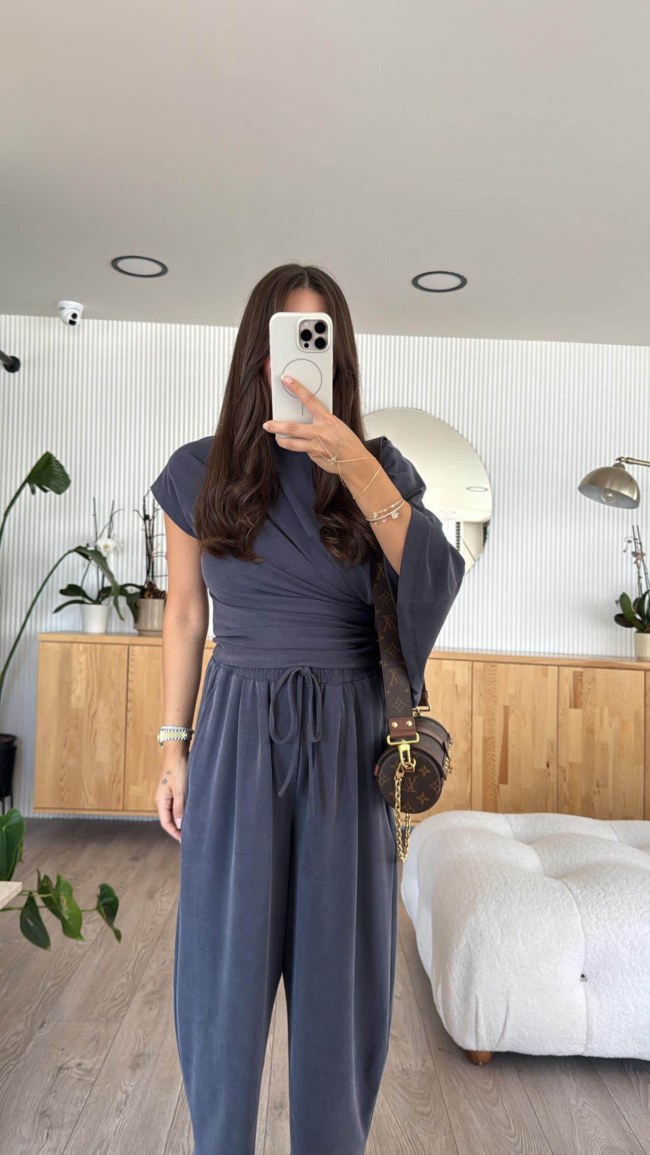 Antrasit Asimetrik Drapeli Şalvar Pantolon Takım