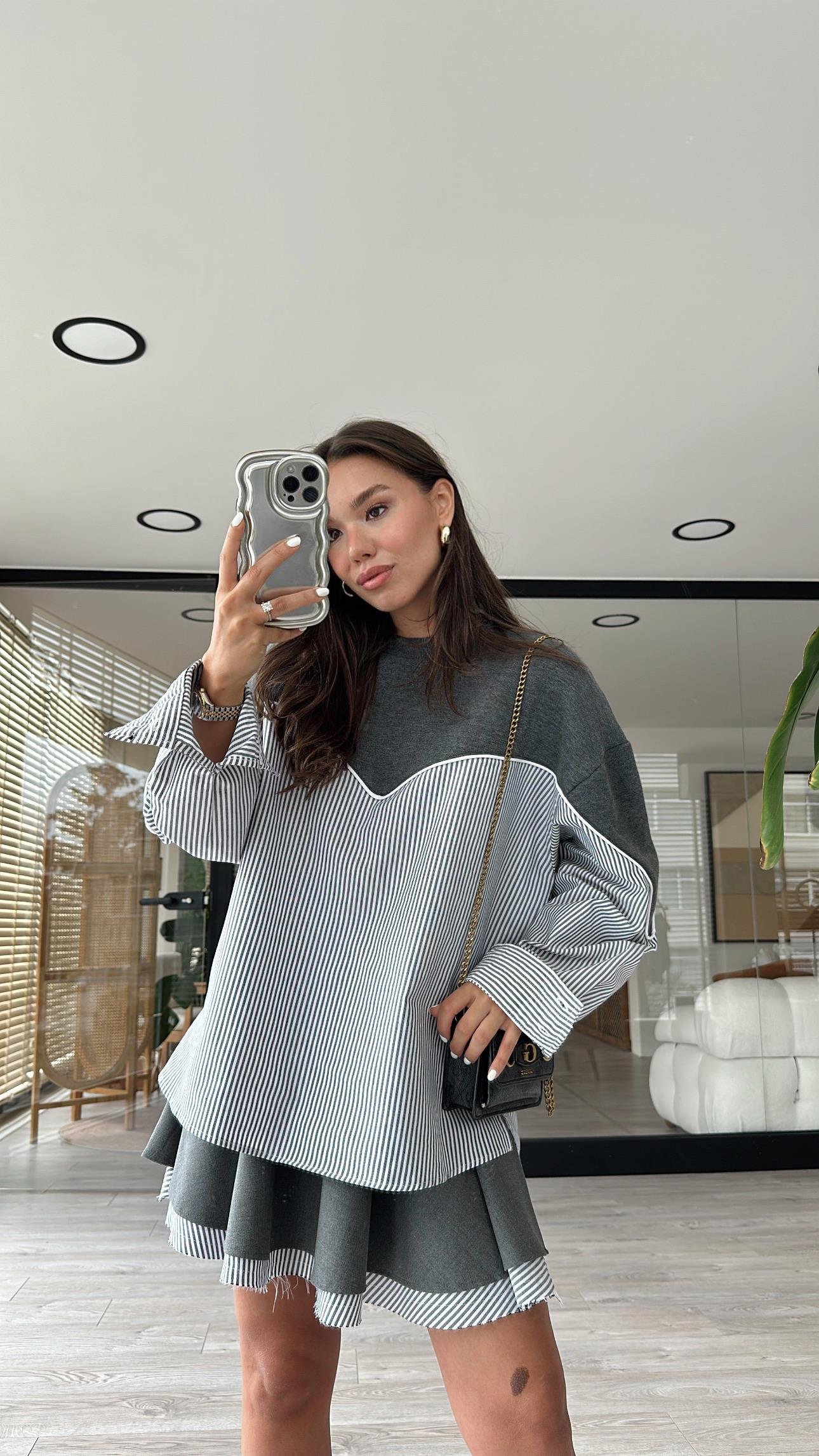 Antrasit Beyaz Çizgili Oversize Sweat