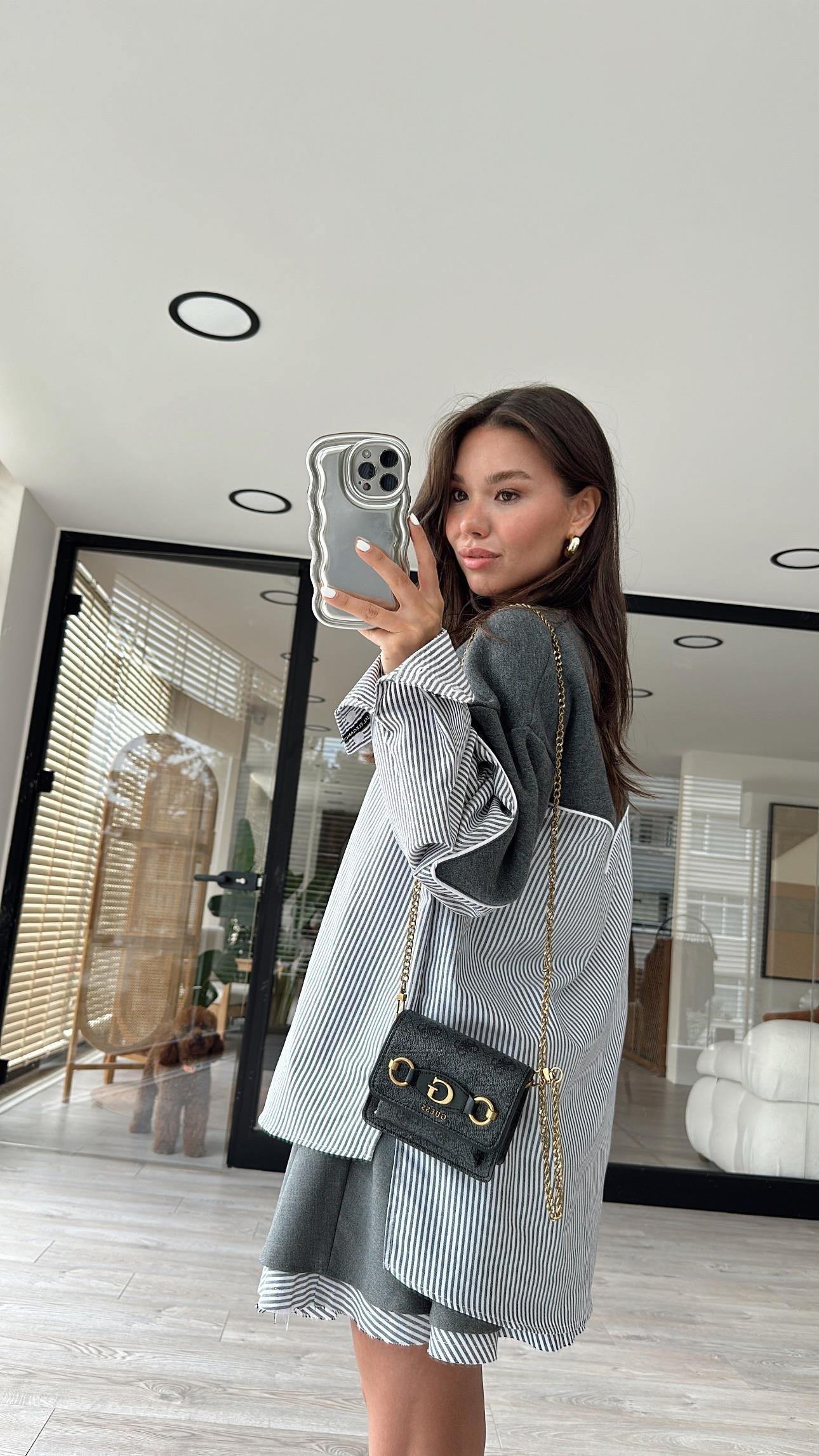 Antrasit Beyaz Çizgili Oversize Sweat