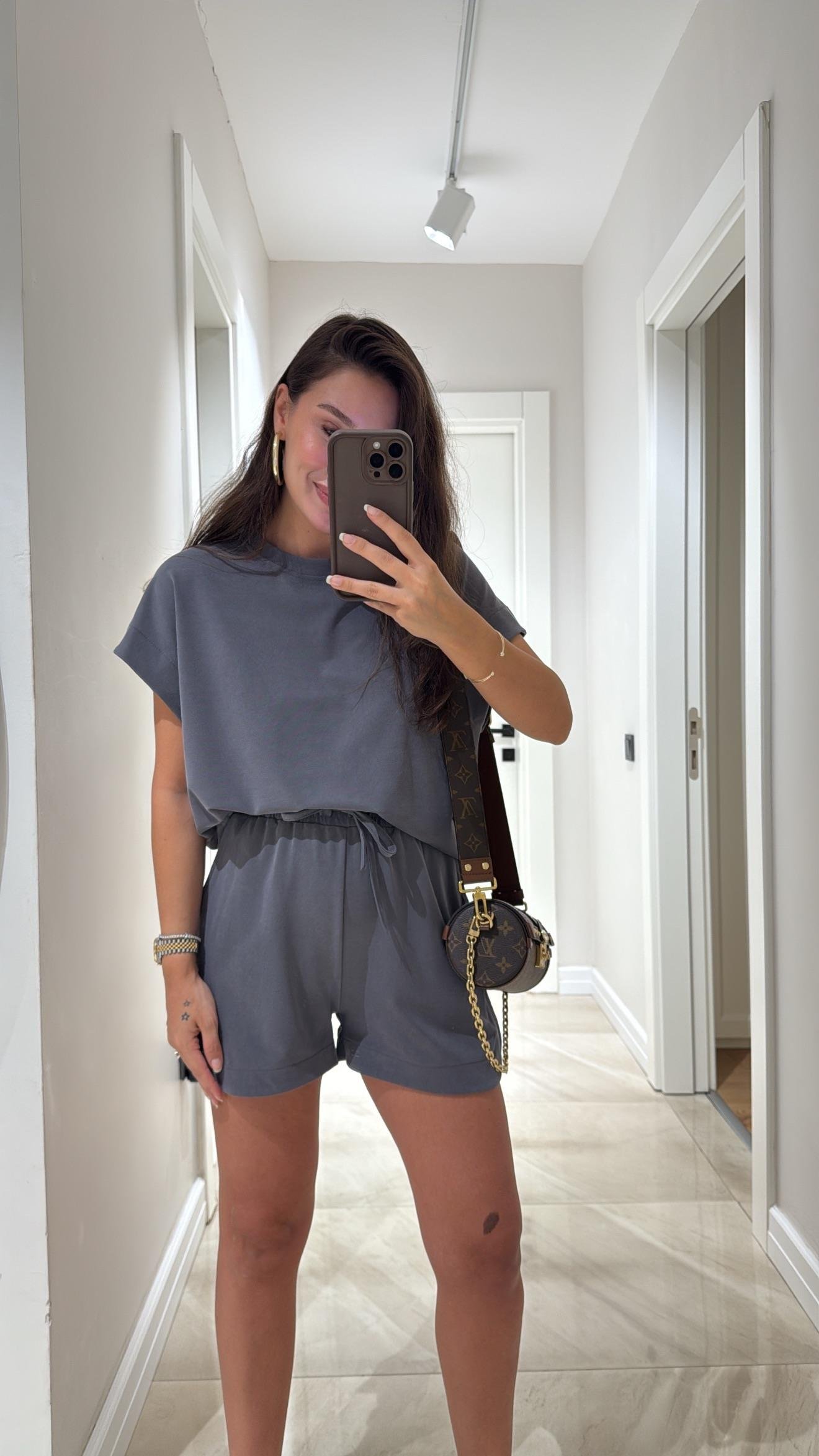 Antrasit Bisiklet Yaka Modal Şort Takım