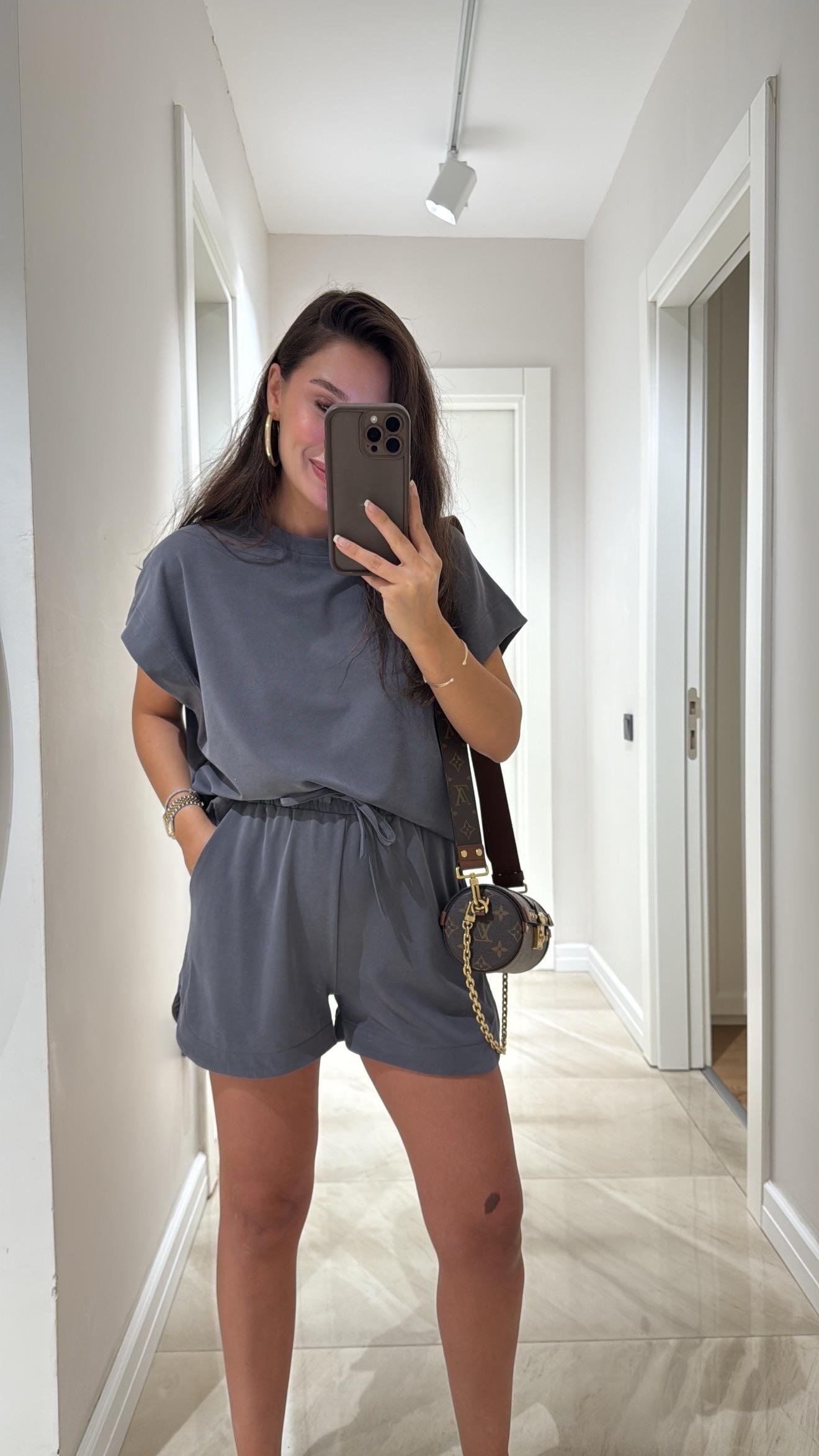 Antrasit Bisiklet Yaka Modal Şort Takım