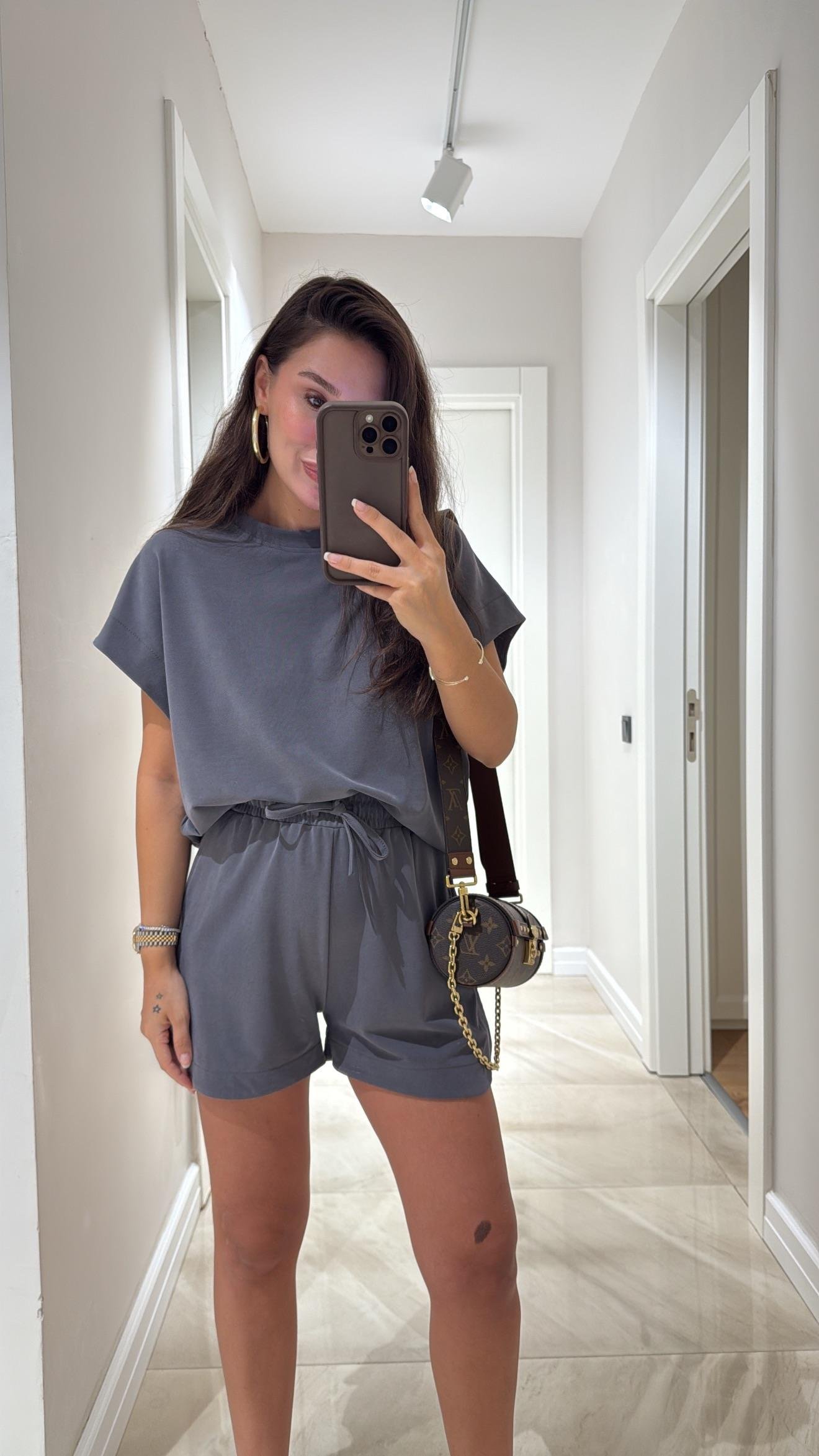 Antrasit Bisiklet Yaka Modal Şort Takım