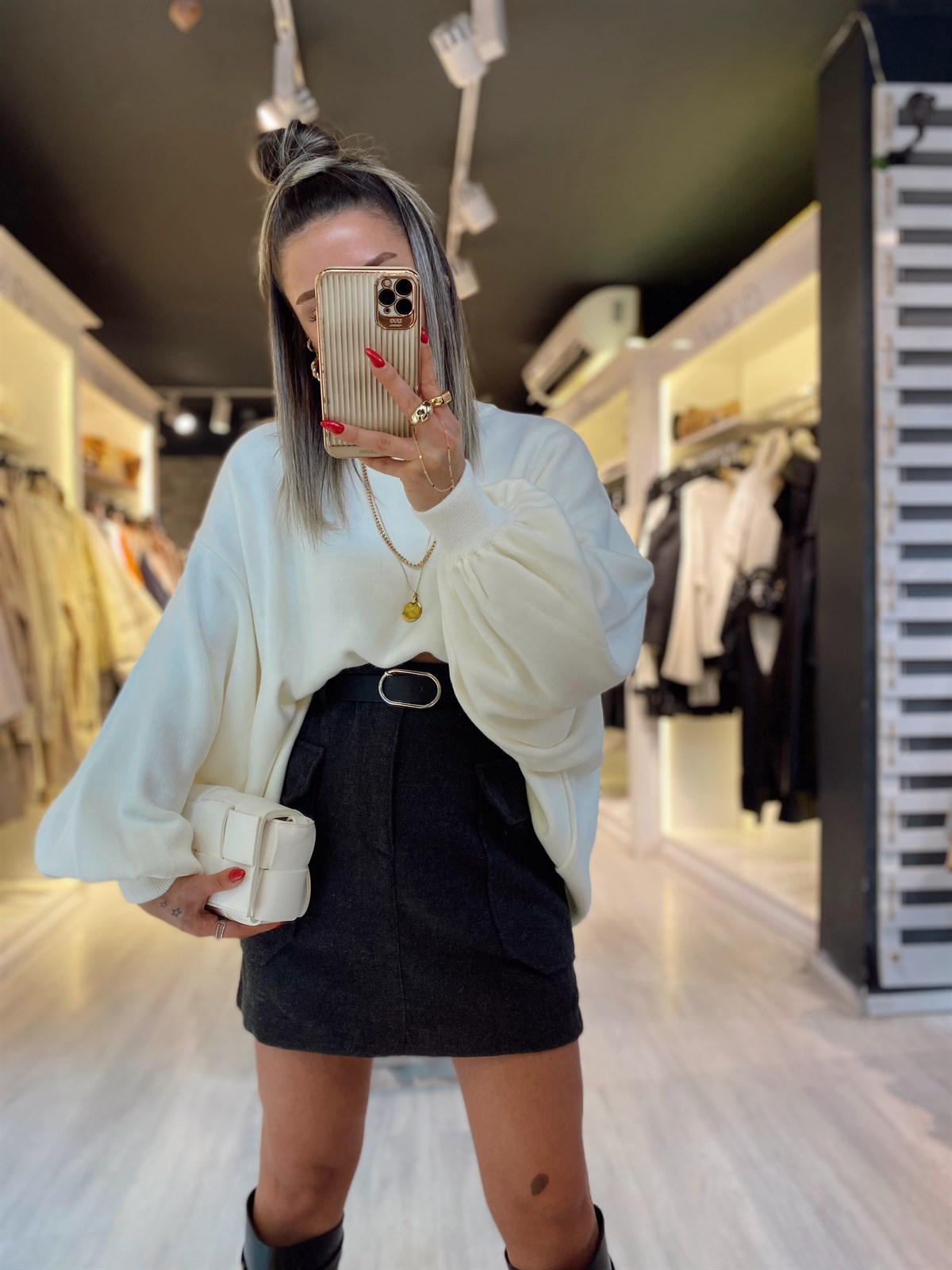 Antrasit Çift Cepli Kemerli Kaşe Etek