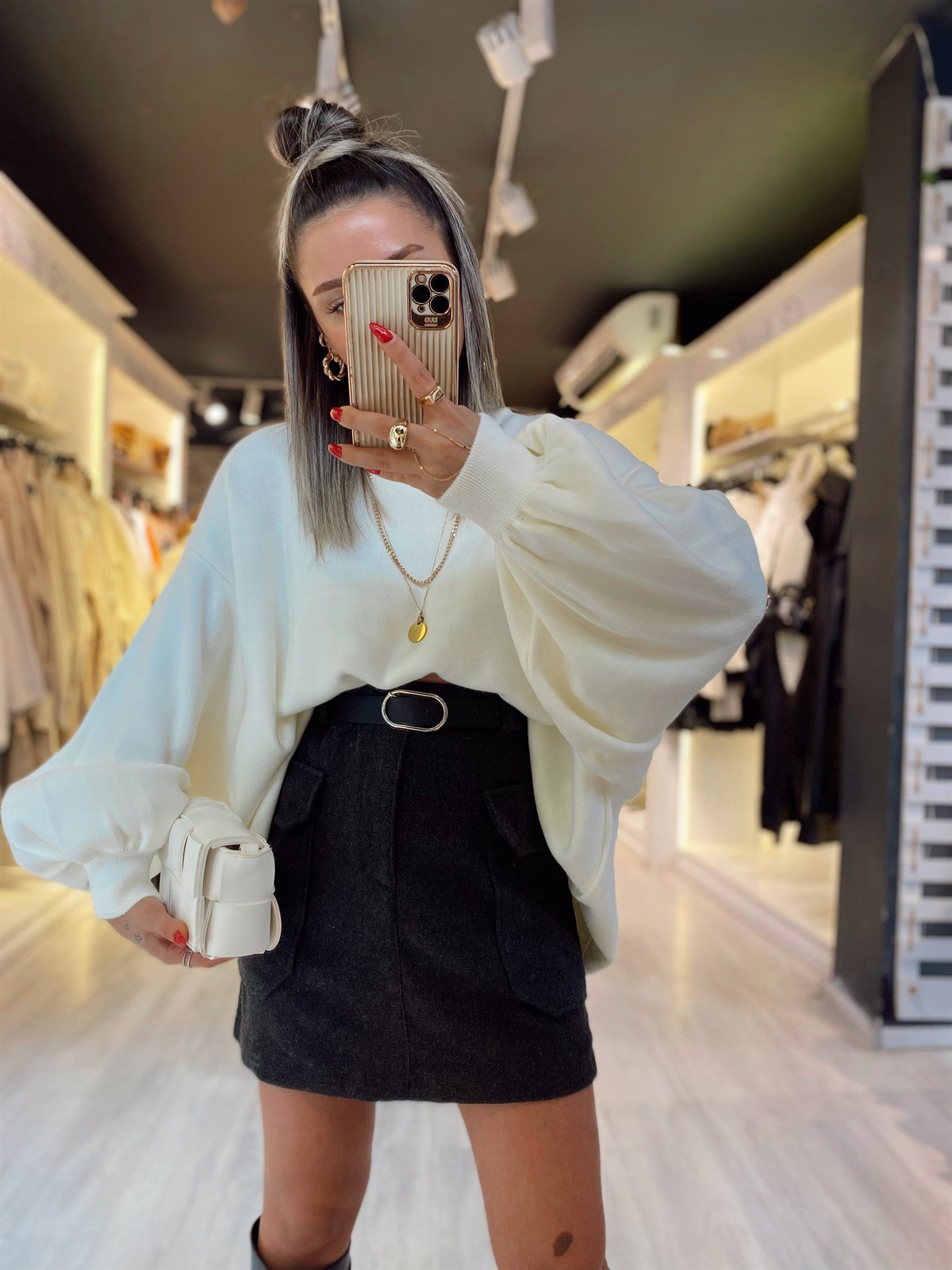 Antrasit Çift Cepli Kemerli Kaşe Etek