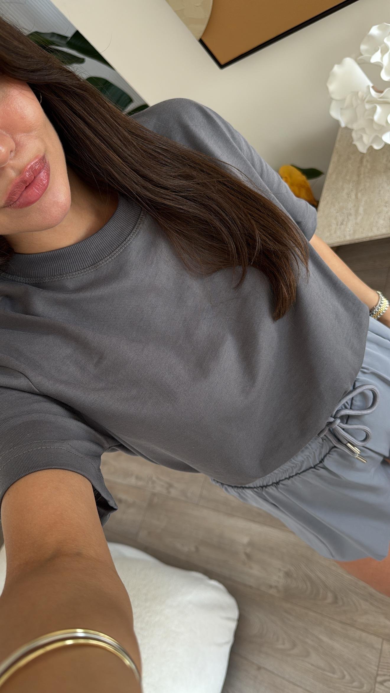 Antrasit Dekoratif Dikişli Bisiklet Yaka Dilvin Tshirt