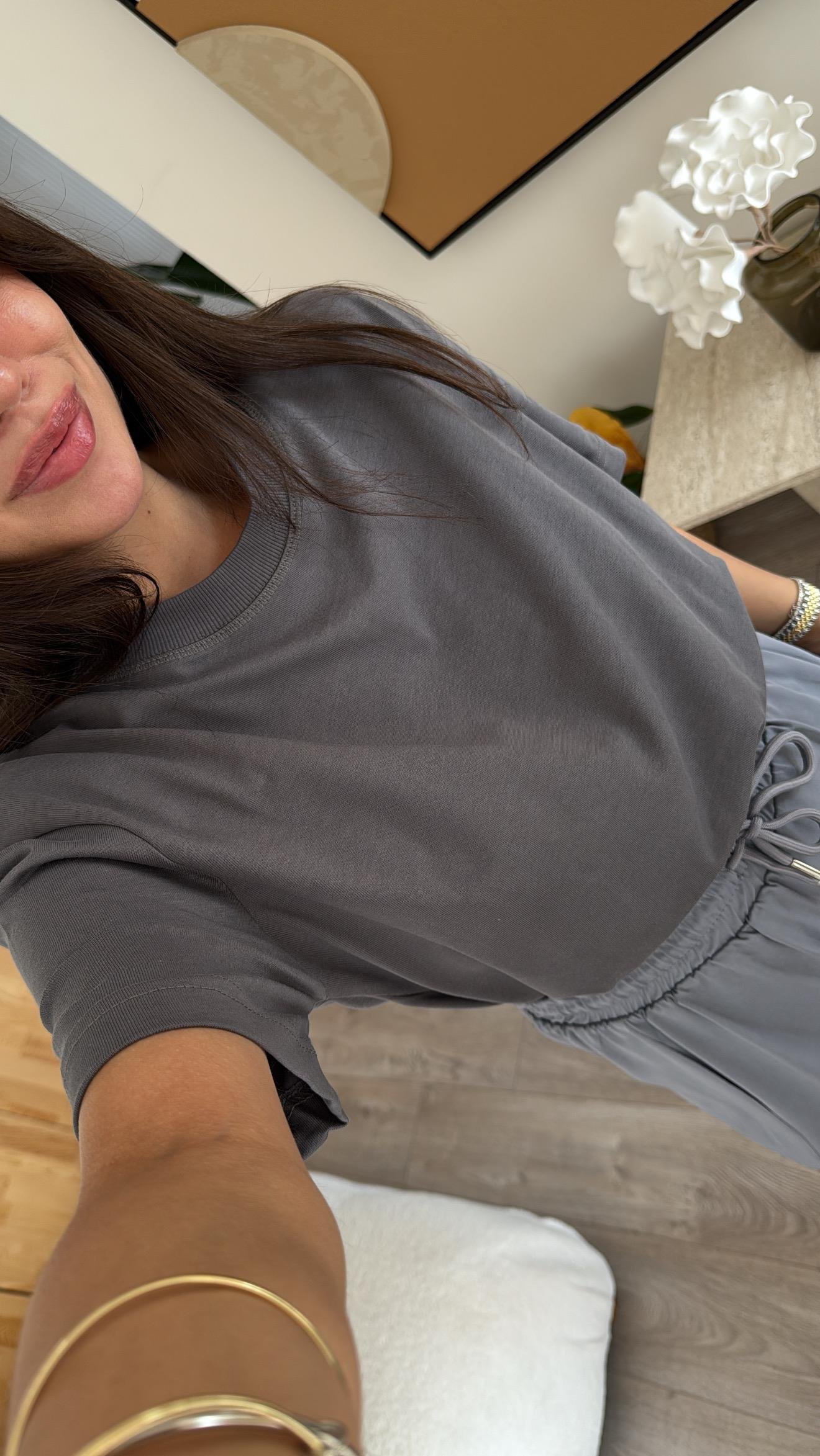 Antrasit Dekoratif Dikişli Bisiklet Yaka Dilvin Tshirt