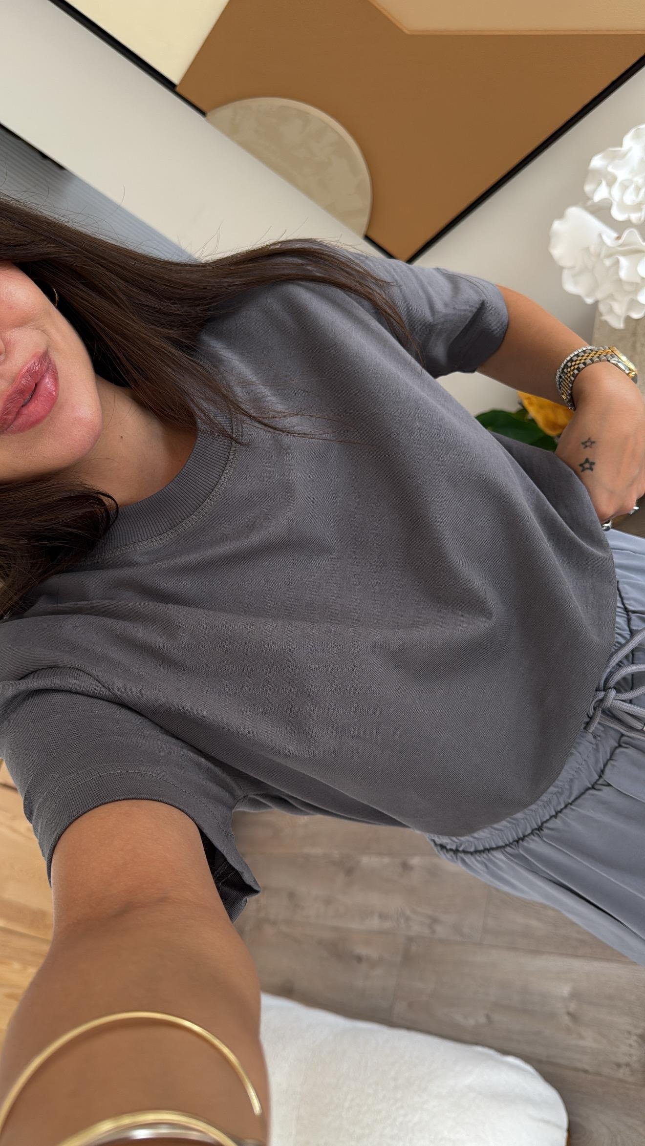 Antrasit Dekoratif Dikişli Bisiklet Yaka Dilvin Tshirt