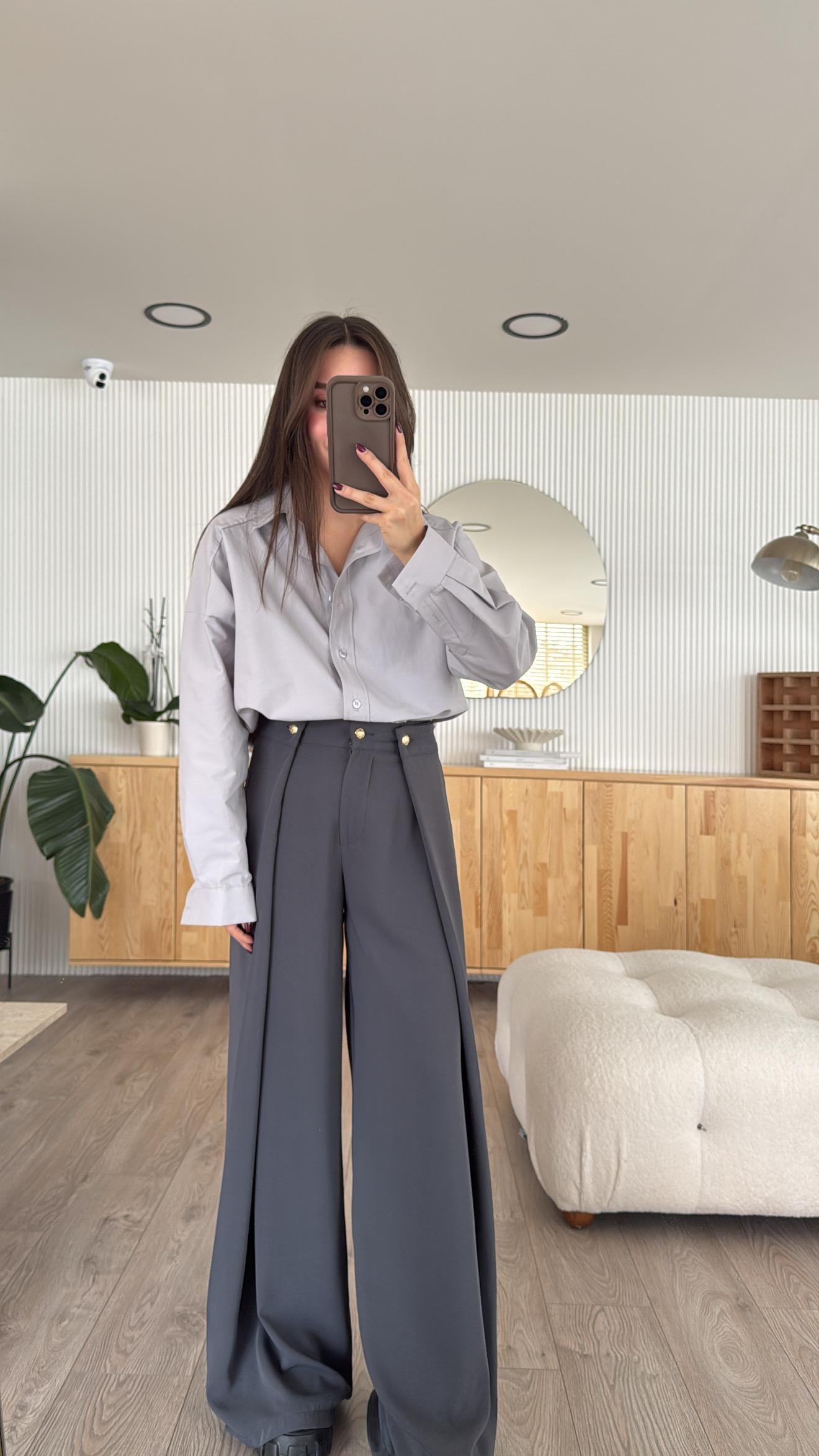 Antrasit Gold Düğmeli Krep Kumaş Palazzo Pantolon