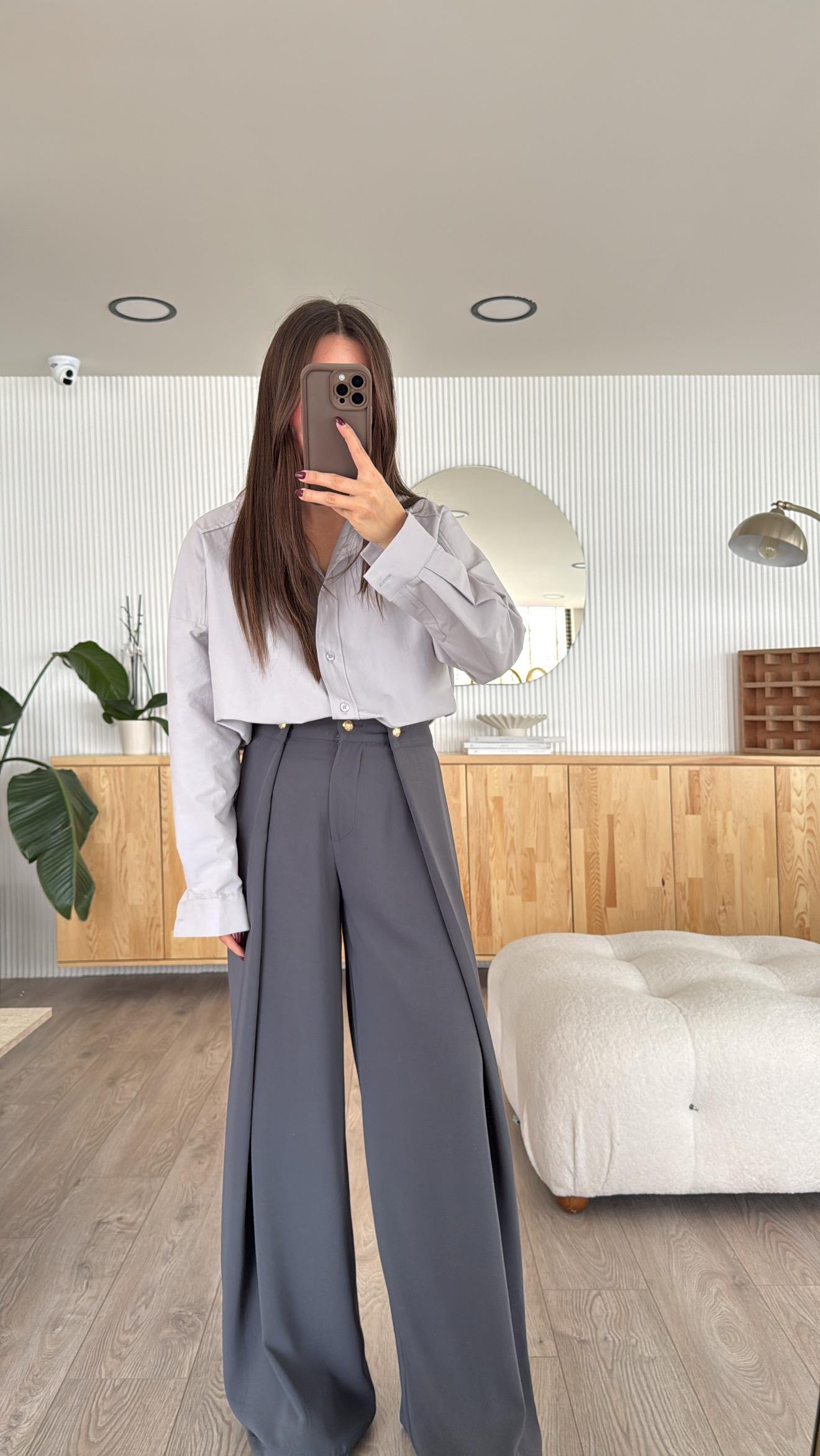 Antrasit Gold Düğmeli Krep Kumaş Palazzo Pantolon