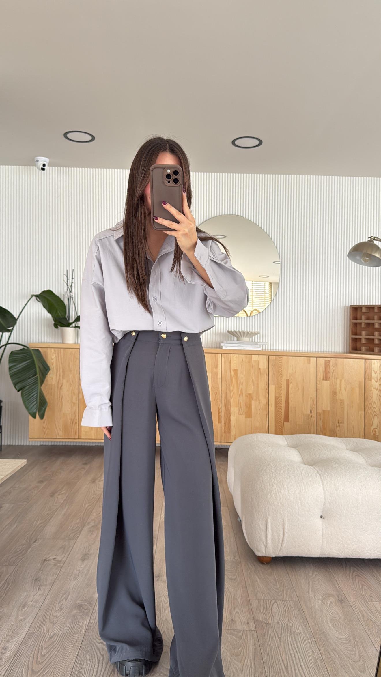 Antrasit Gold Düğmeli Krep Kumaş Palazzo Pantolon