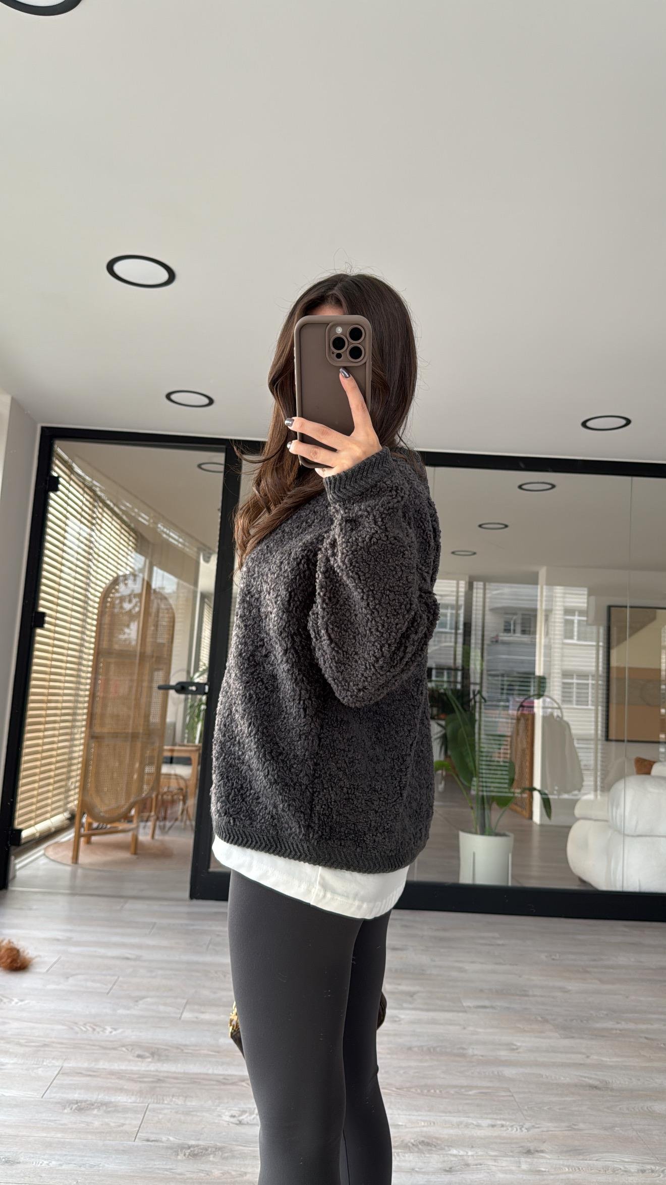 Antrasit Gold Düğmeli Marka Model Buklet Hırka 