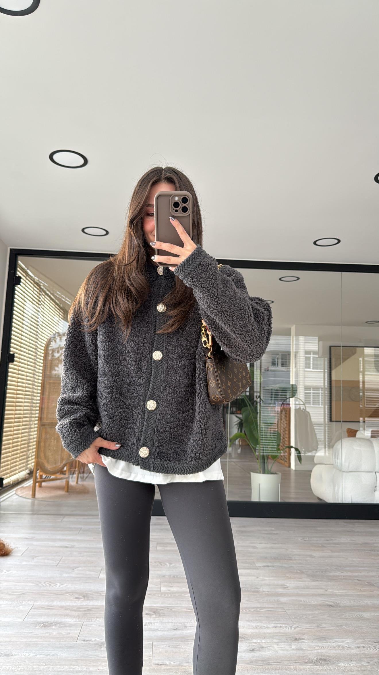 Antrasit Gold Düğmeli Marka Model Buklet Hırka 