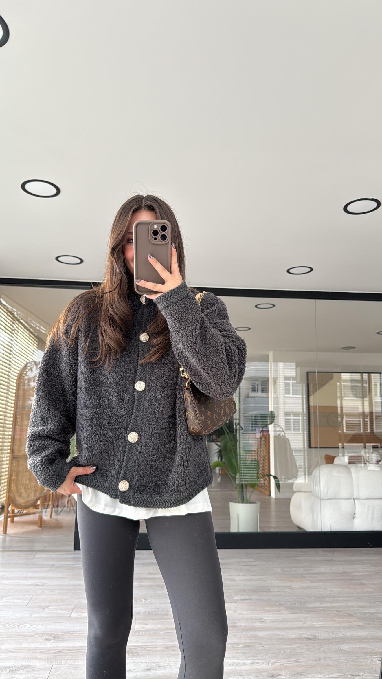 Antrasit Gold Düğmeli Marka Model Buklet Hırka 