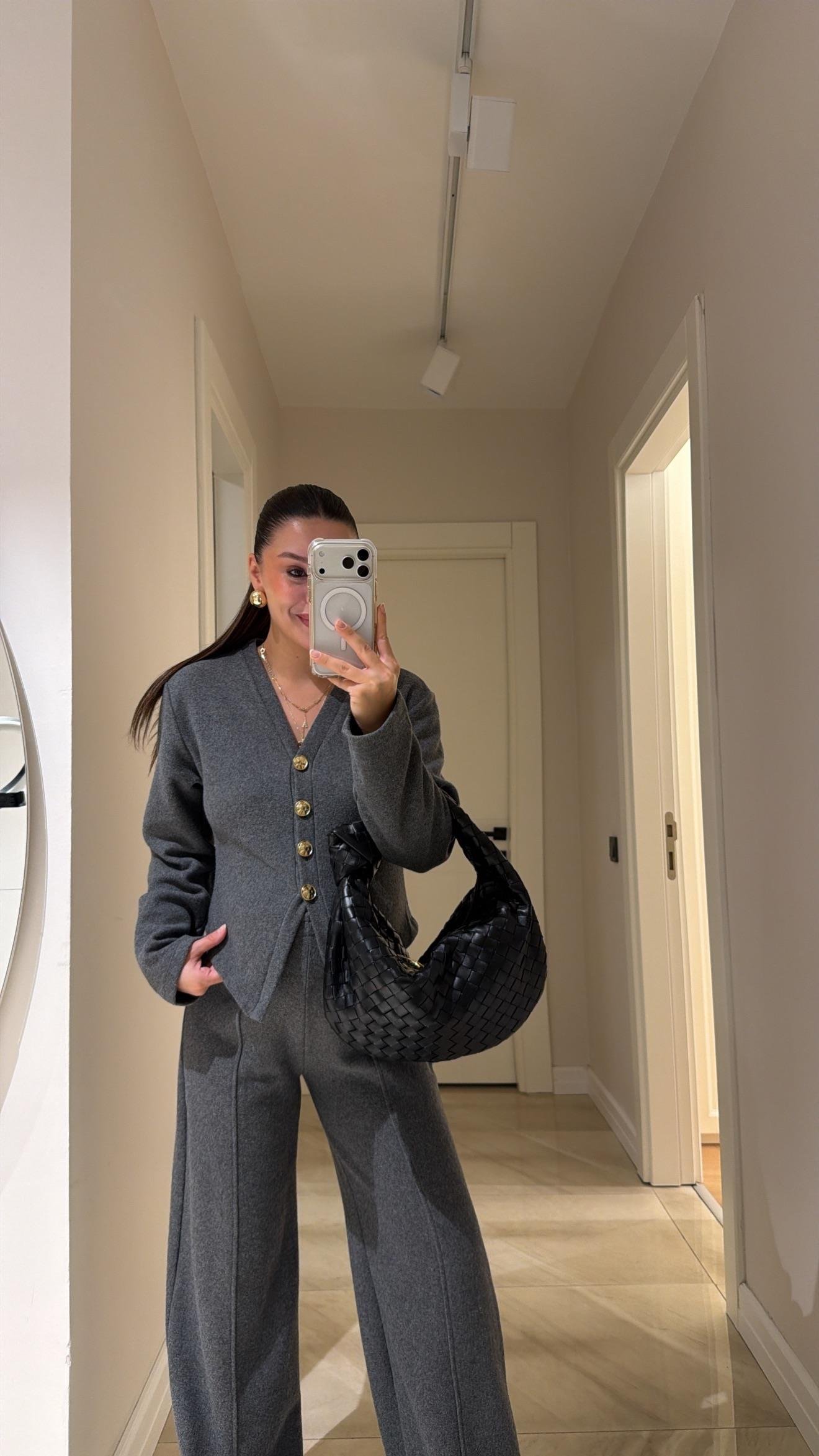 Antrasit Gold Düğmeli Triko Pantolon Takım