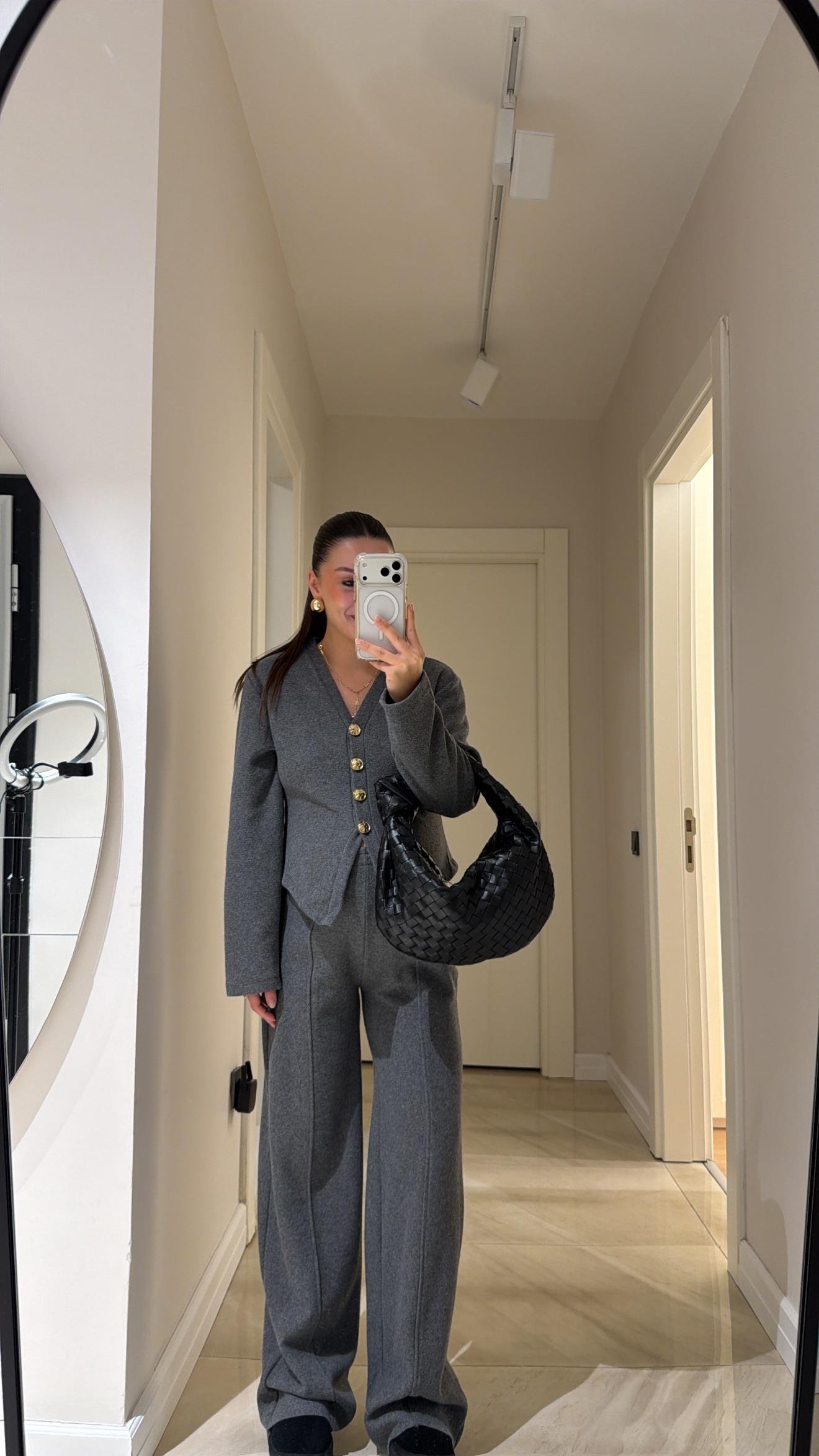 Antrasit Gold Düğmeli Triko Pantolon Takım