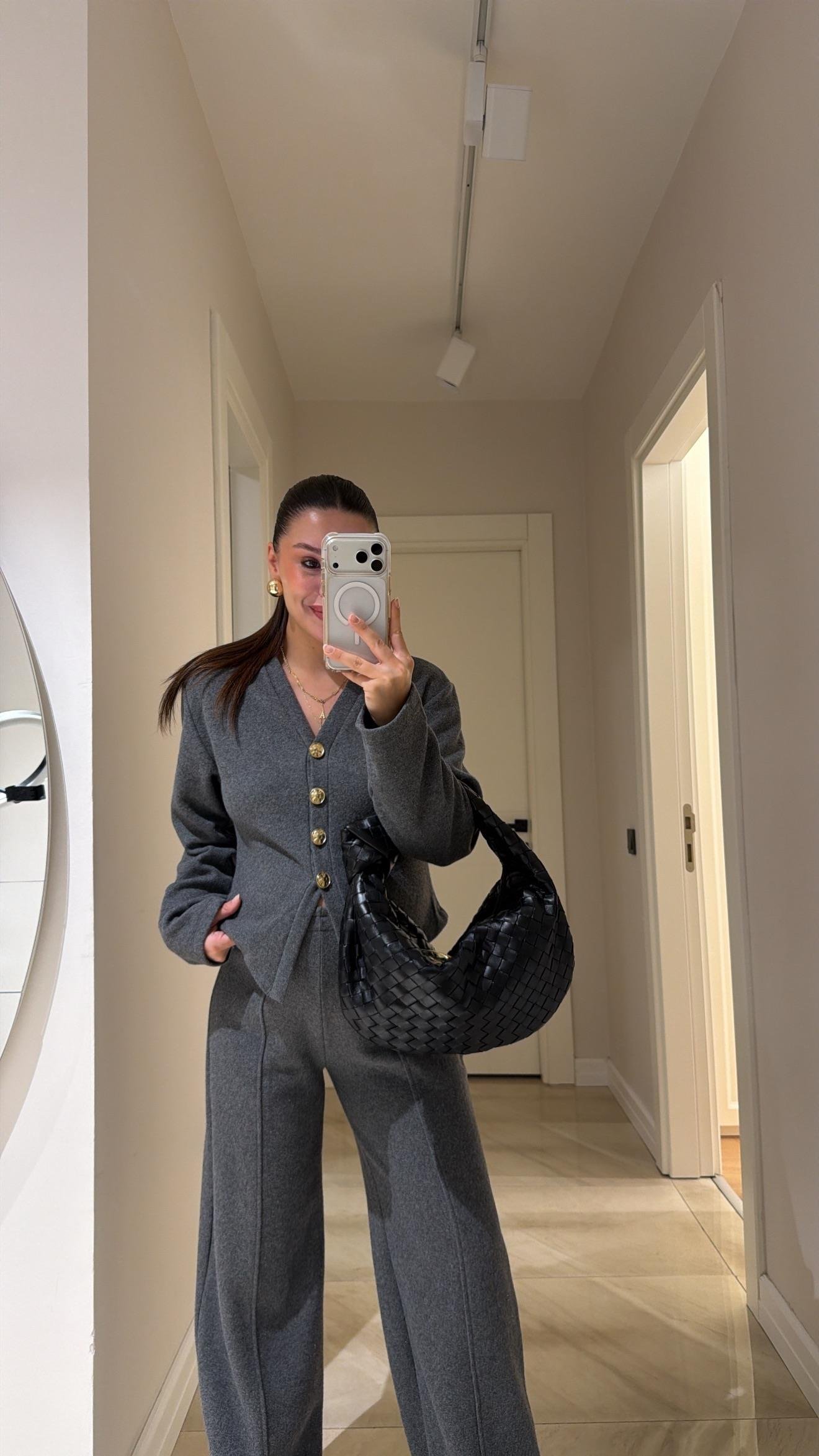 Antrasit Gold Düğmeli Triko Pantolon Takım