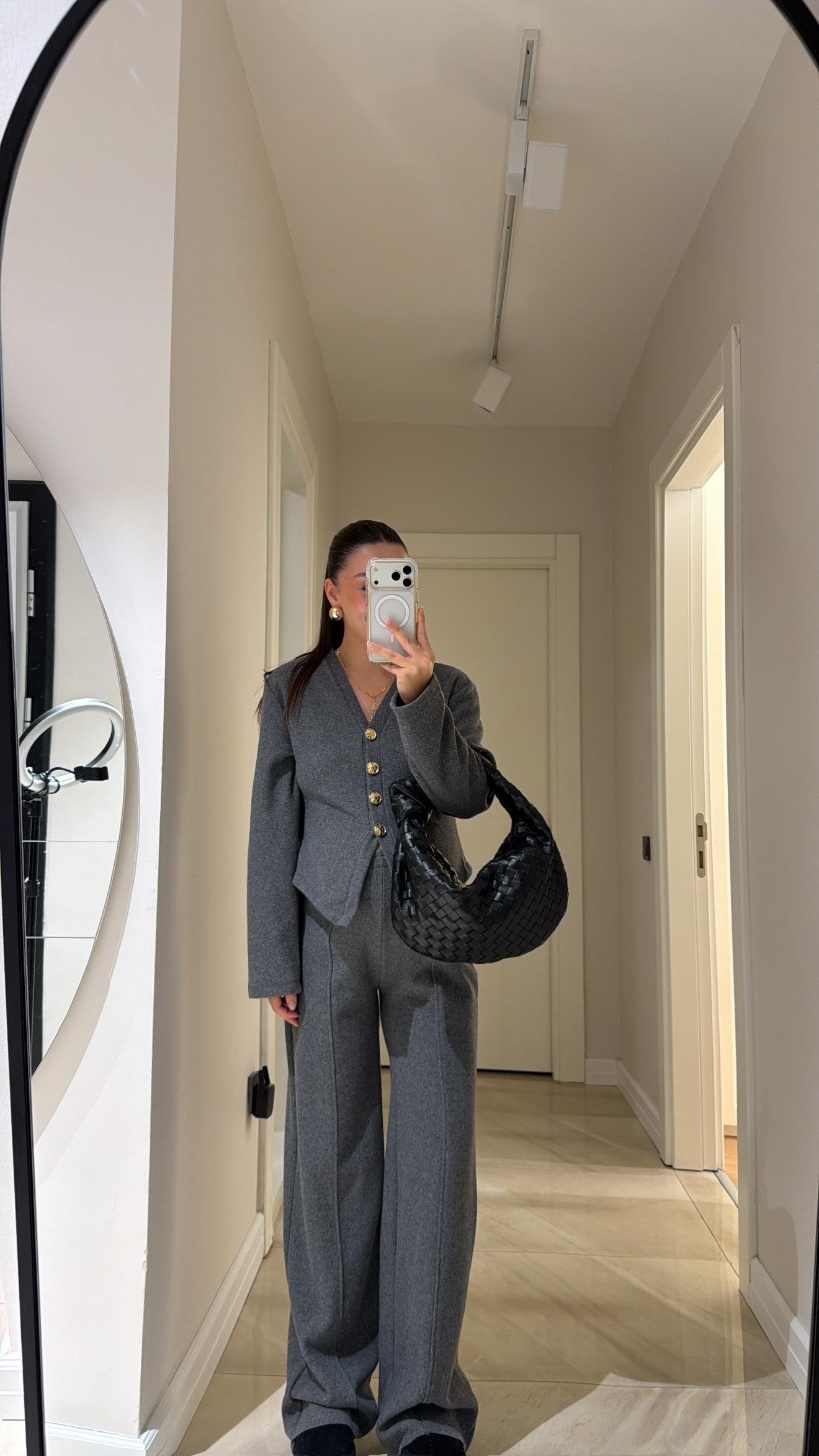 Antrasit Gold Düğmeli Triko Pantolon Takım