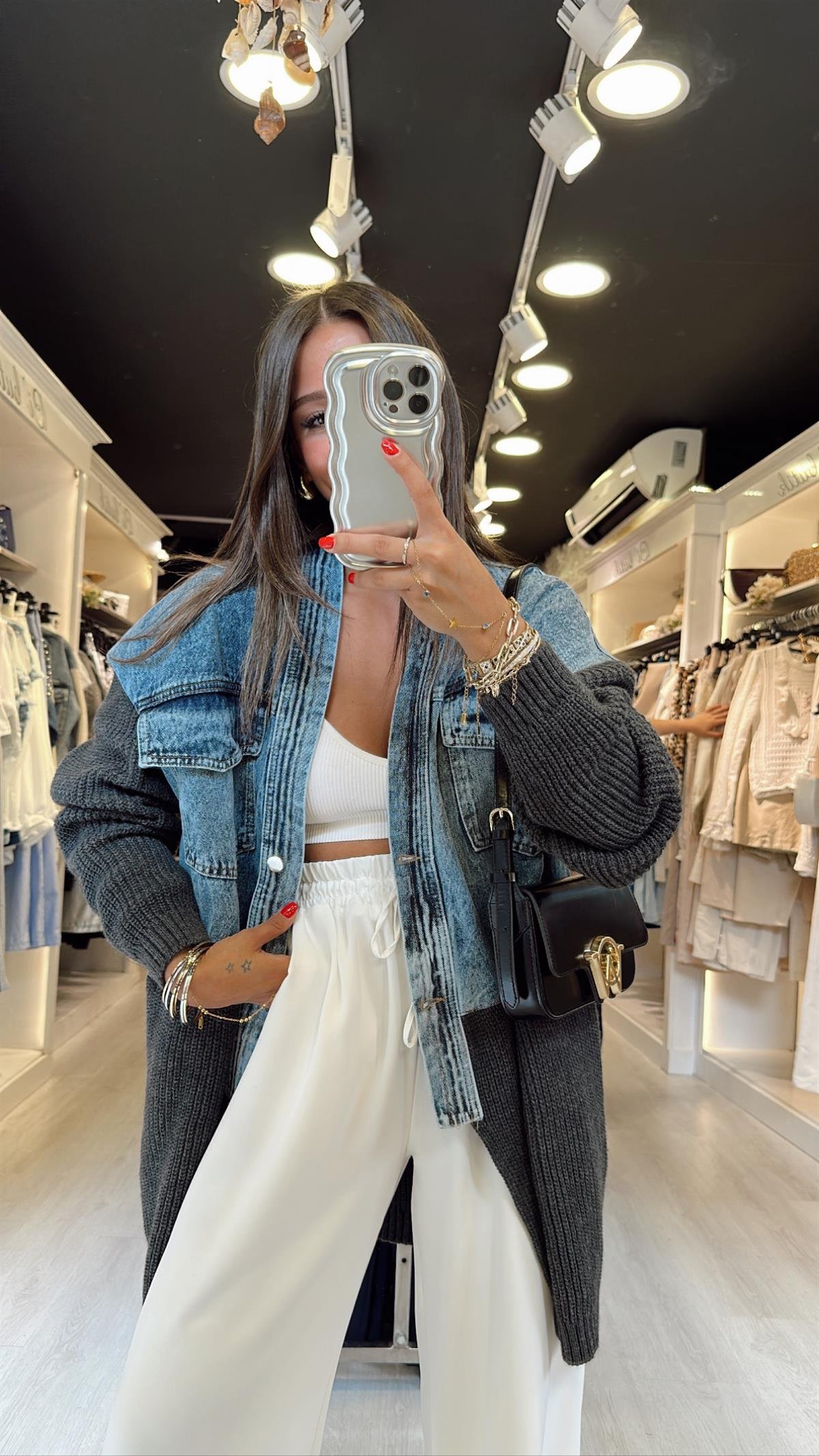 Antrasit Jean Detaylı Cepli Hırka 